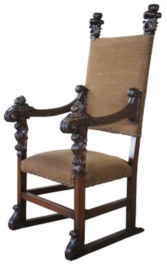 Monumental Antique Italian Renaissance Victorian Figural Cherub Throne Arm Chair