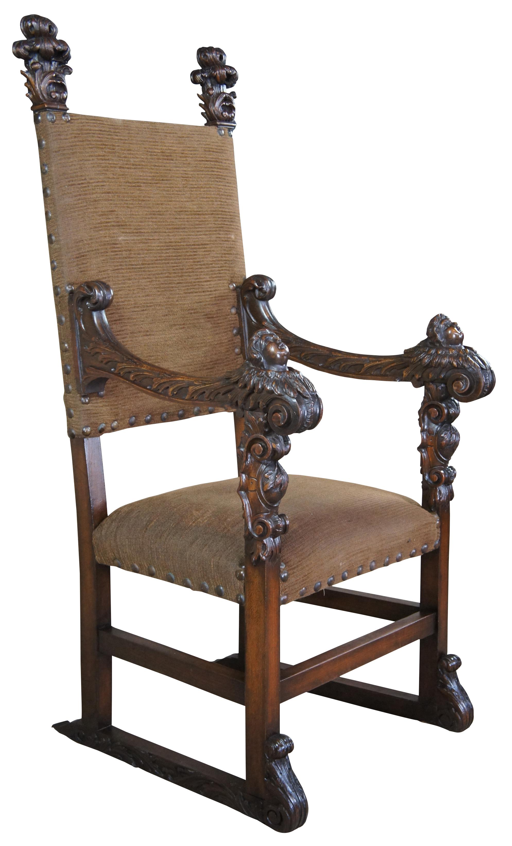 Monumental Antique Italian Renaissance Victorian Figural Cherub Throne Arm Chair In Good Condition In Dayton, OH