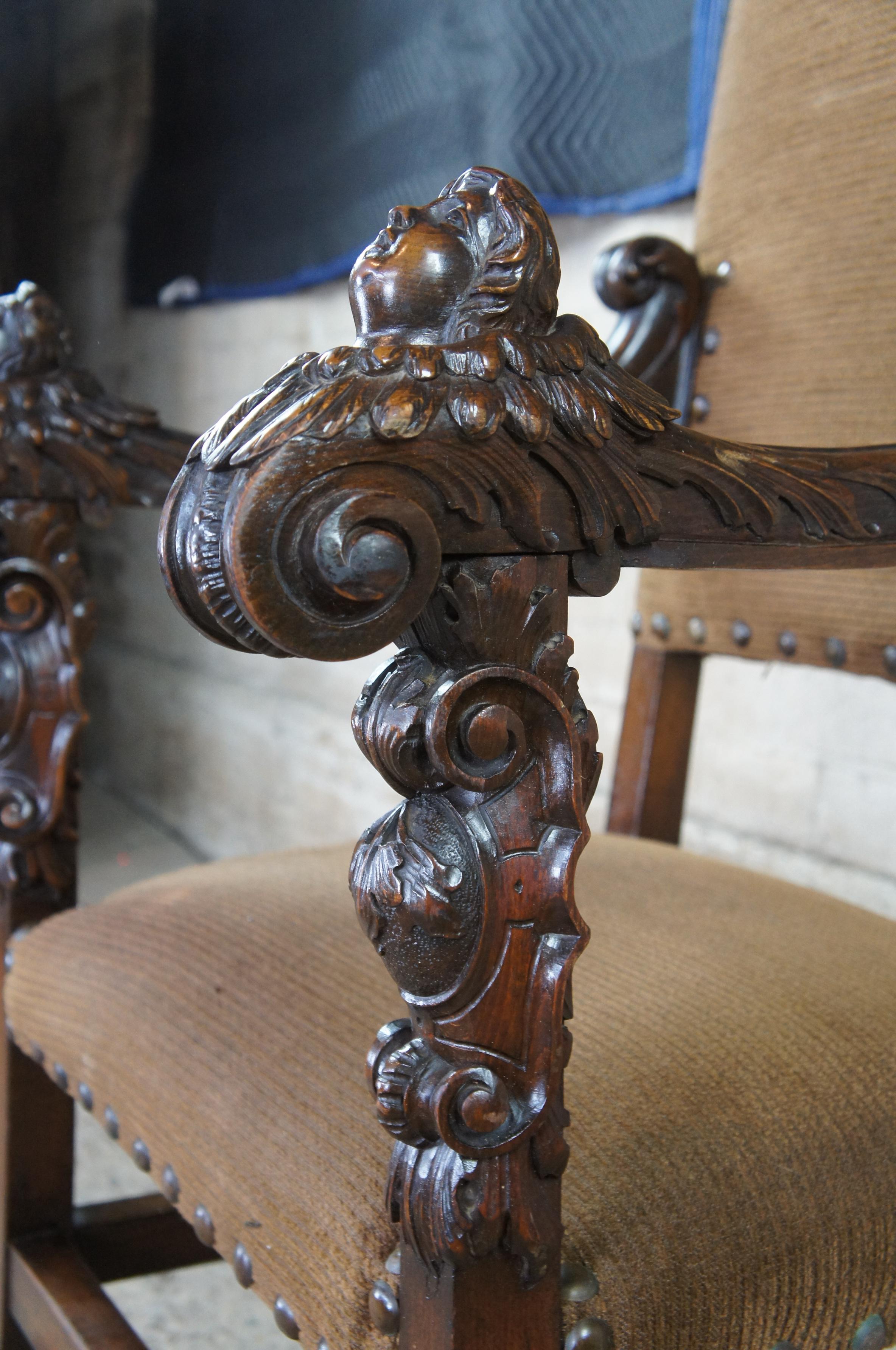 Velvet Monumental Antique Italian Renaissance Victorian Figural Cherub Throne Arm Chair