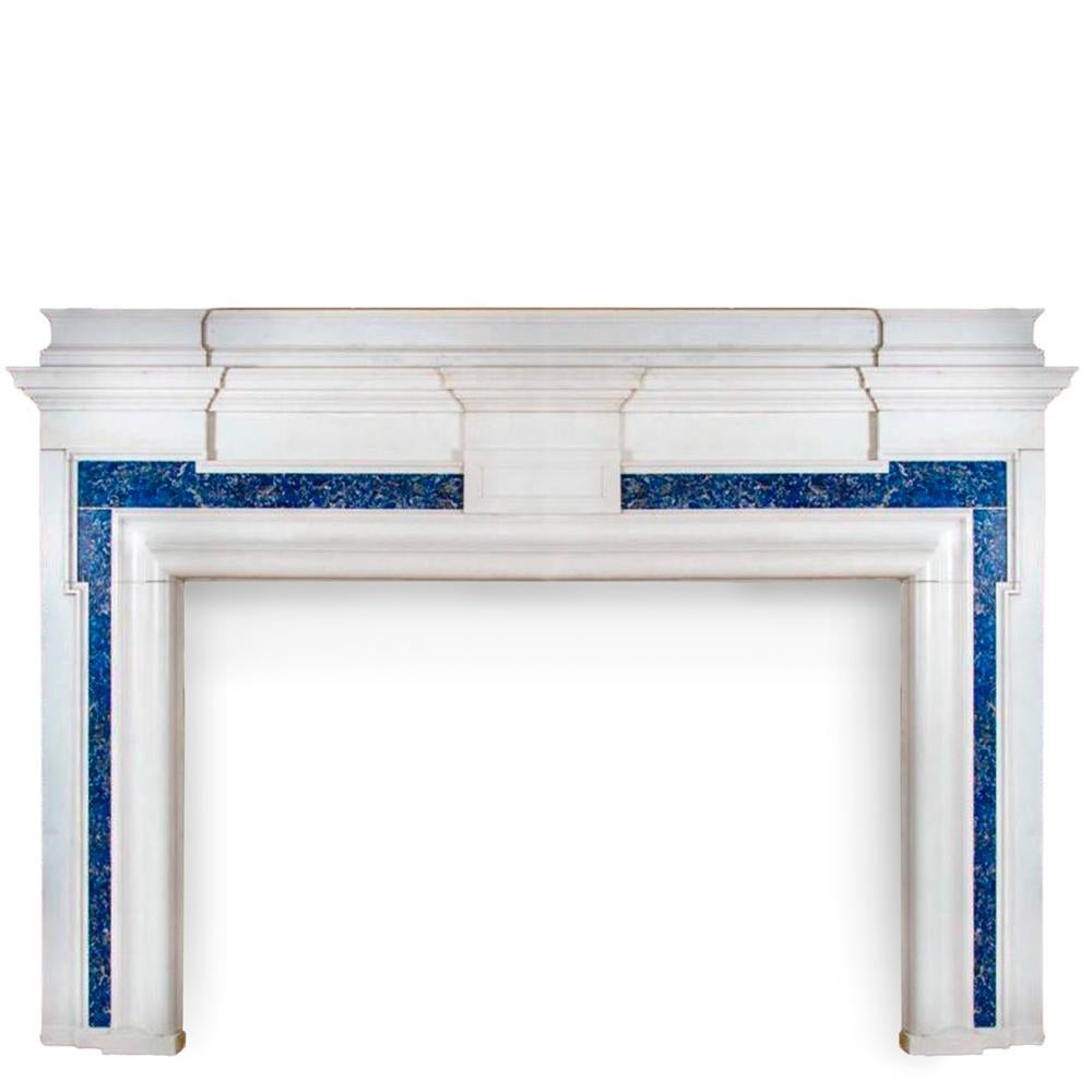 Spectacular antique chimneypiece crafted from Statuary marble and with large opulent panels of Lapis Lazuli inlay.

This magnificent fireplace surround was removed from a large house in Hertfordshire, England, once owned by the shipping magnate Sir