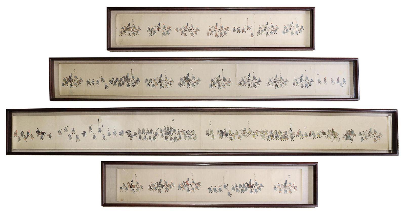 Very unique and rare museum quality professionally framed Japanese Daimyo procession hand scroll, likely Meiji Period (1868-1911). The set of 4 scrolls feature ink and color figural scenes on paper, now mounted in four sections. 
The scrolls