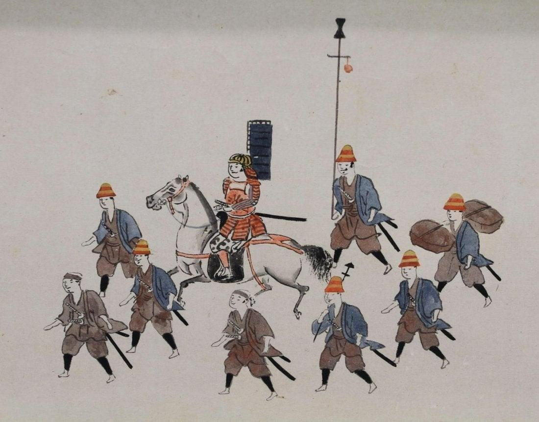 Meiji Monumental Antique Mounted Japanese Daimyo Procession Hand Scrolls, Set of Four For Sale