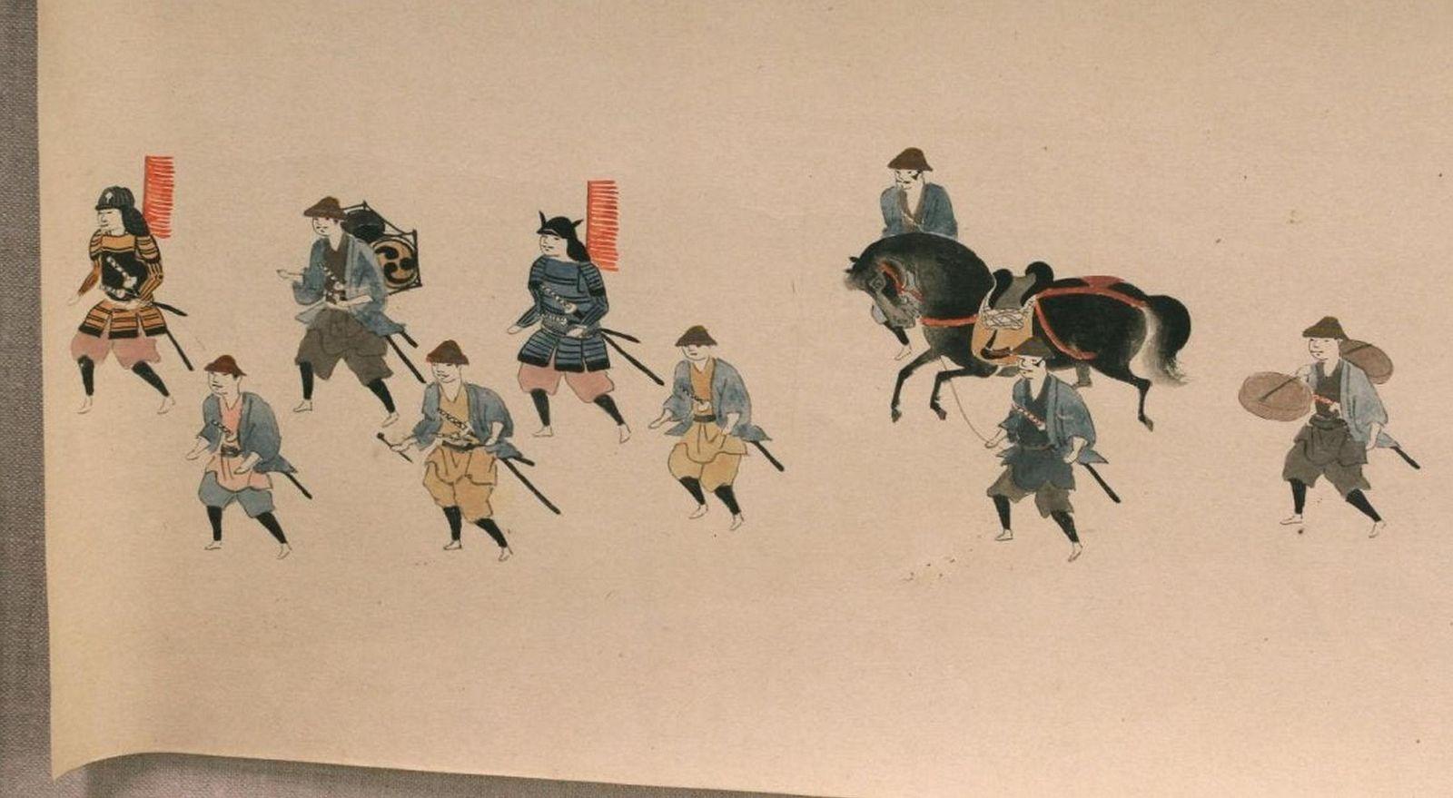 Hand-Painted Monumental Antique Mounted Japanese Daimyo Procession Hand Scrolls, Set of Four For Sale