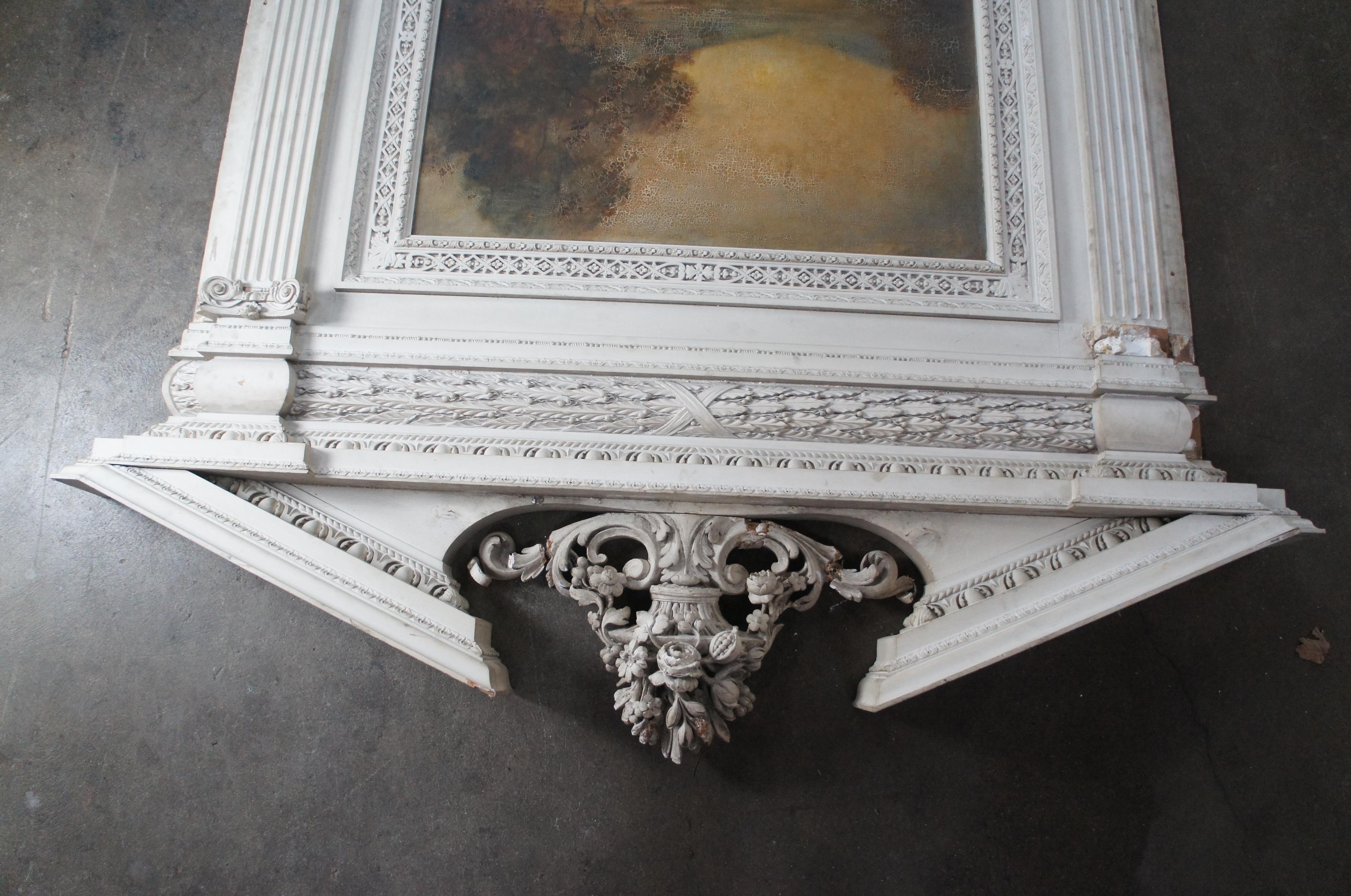 Hardwood Monumental Antique Neoclassical European Marble Overmantel Fireplace Mantel 142