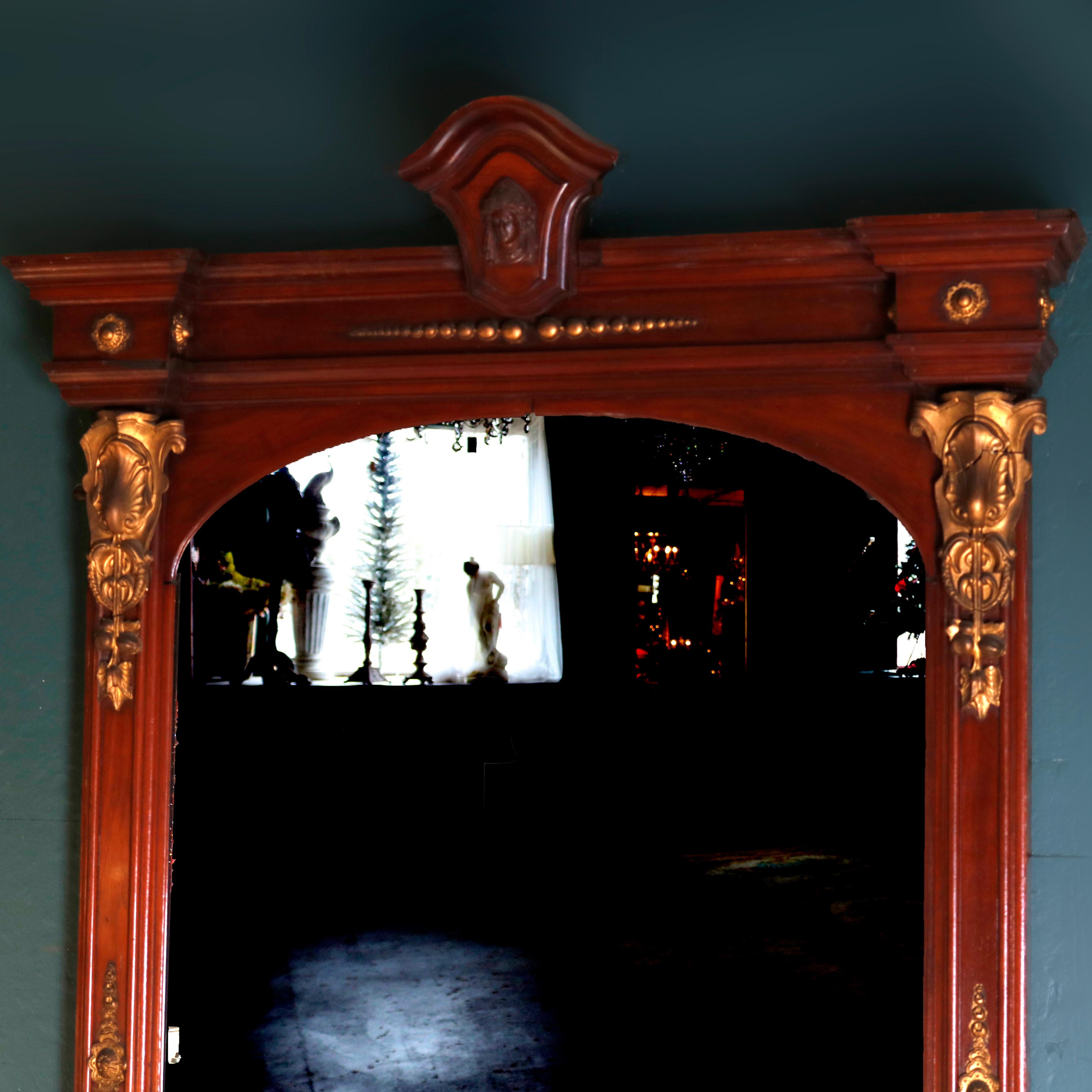 Renaissance Revival Monumental Antique Parcel-Gilt Walnut Pier Mirror with Carved Jenny Lind