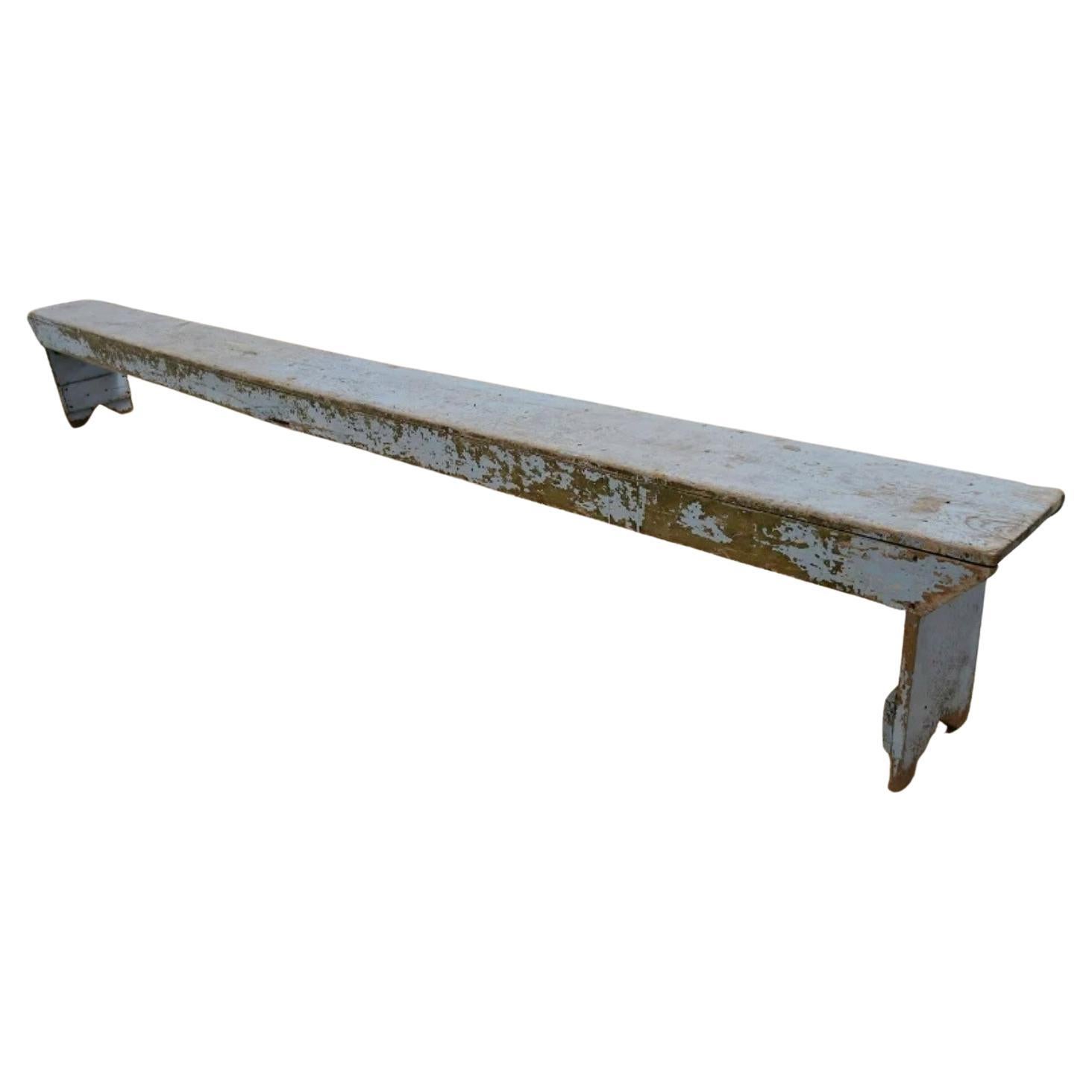 A monumental 12' Long Pennsylvania farmhouse painted wood bench. 

Born in the 19th Century, early American country style with Dutch / Scandinavian influence, simple primitive hand-crafted solid wood construction, featuring the original sky blue