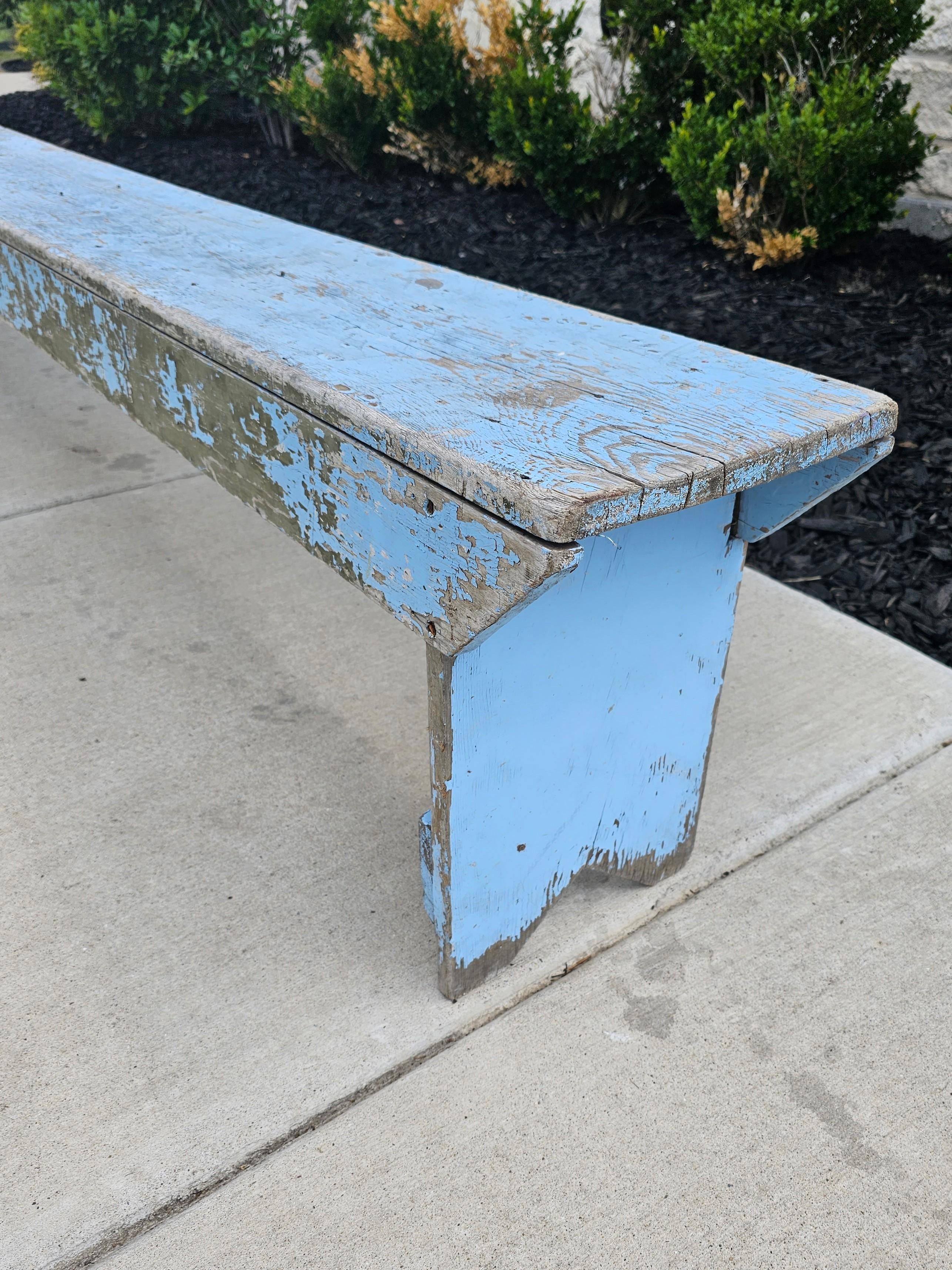 Monumental Antique Pennsylvania Farmhouse Painted Wood Bench In Distressed Condition For Sale In Forney, TX