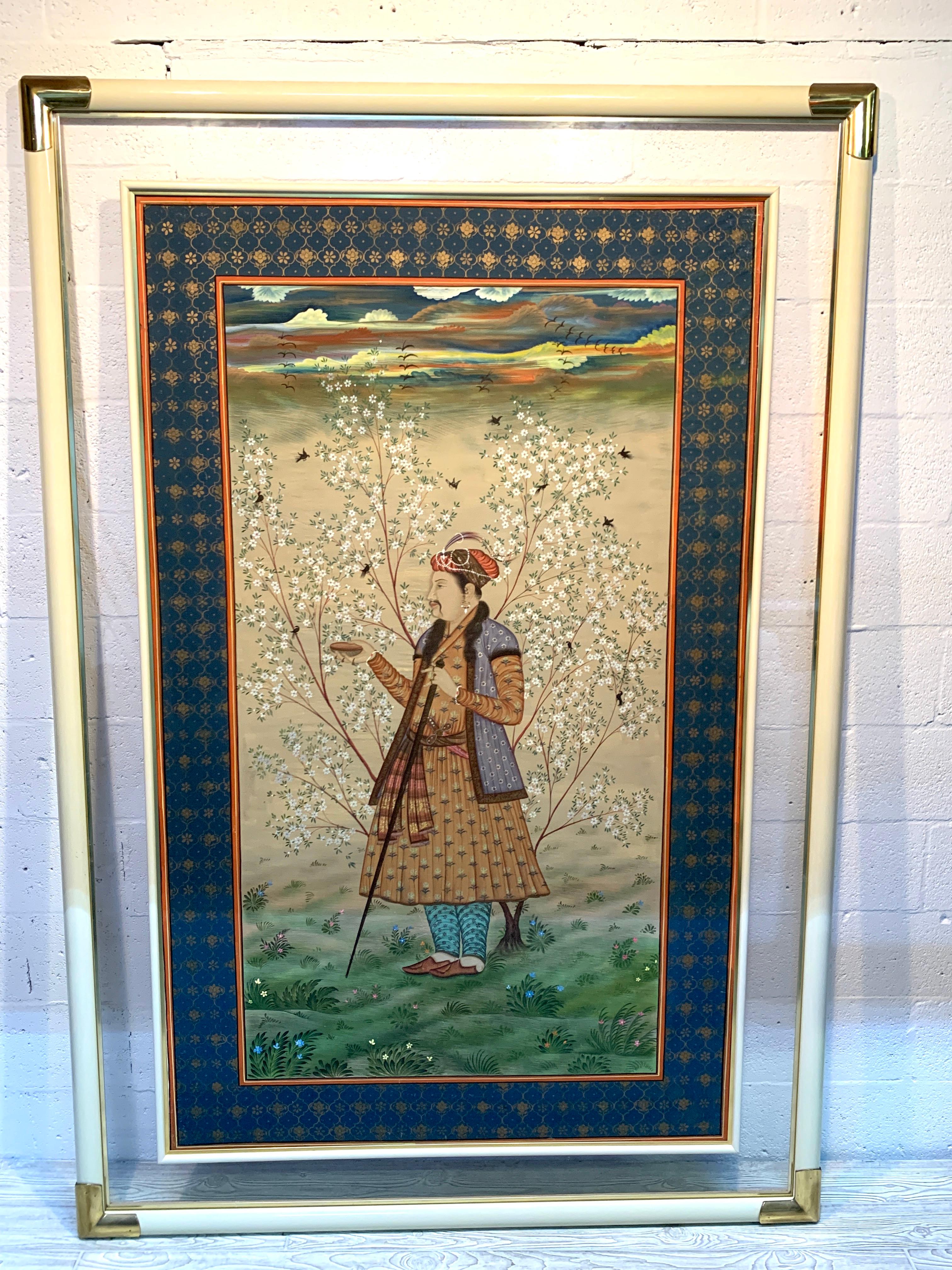 Monumental antique Provincial Mughal Portrait, in Lucite, brass and lacquered frame, a fine example of circa 1900 Classical Indian Court painting, depicting a prince in landscape with flowering tree with birds. Well proportioned margins with gilt