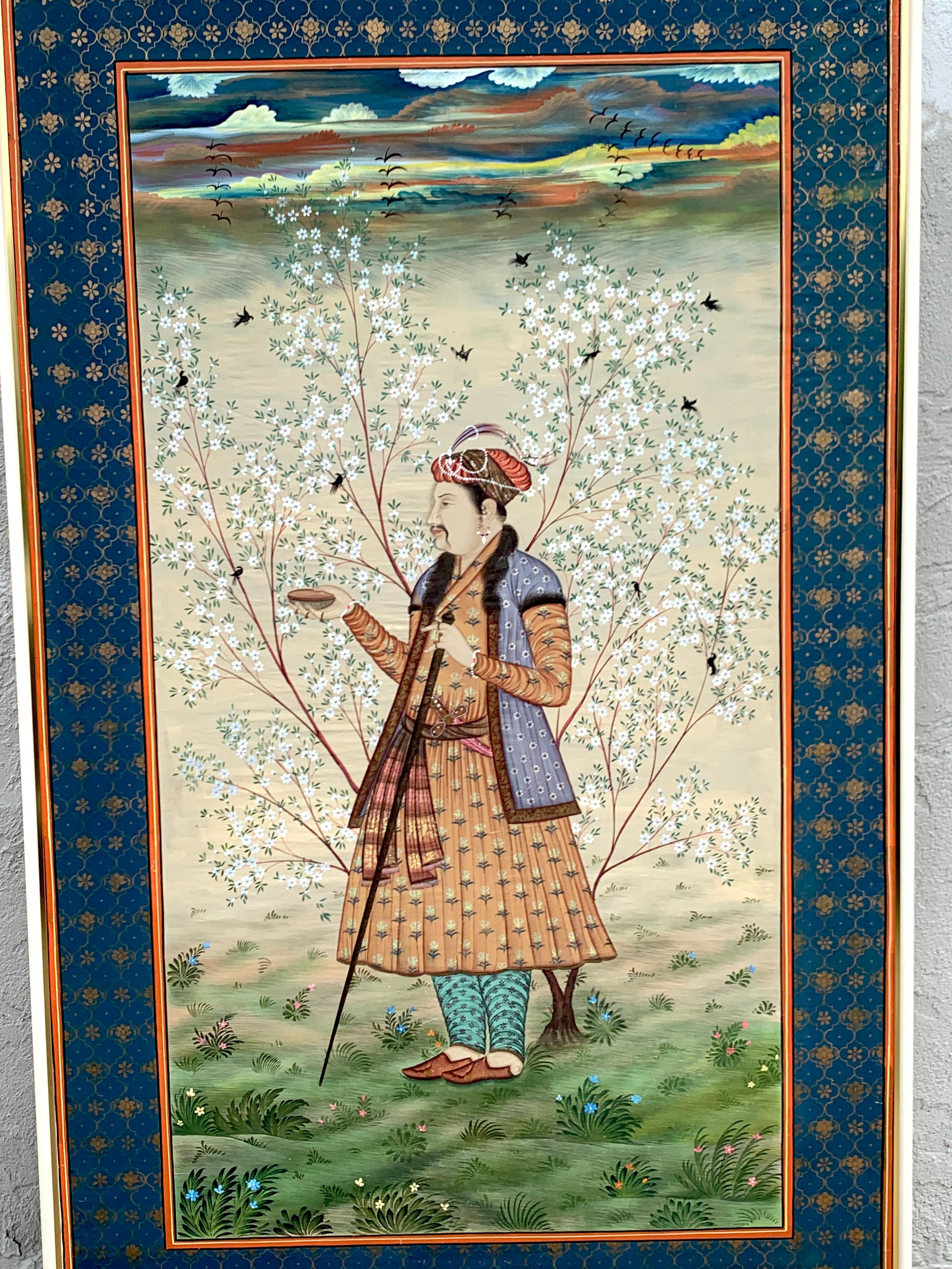 Indian Monumental Antique Provincial Mughal Portrait, in Custom Lucite Frame For Sale