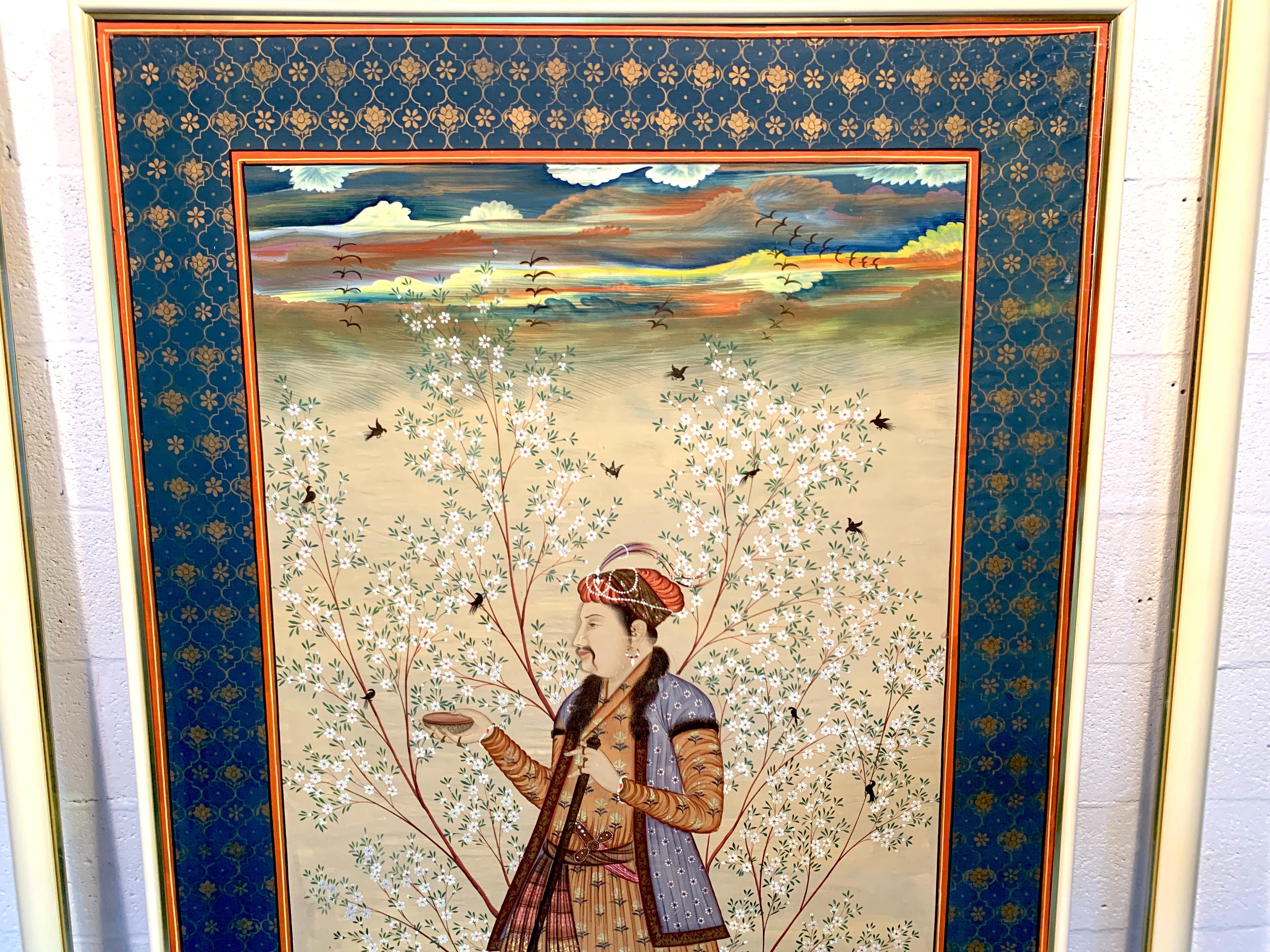 Lacquered Monumental Antique Provincial Mughal Portrait, in Custom Lucite Frame For Sale