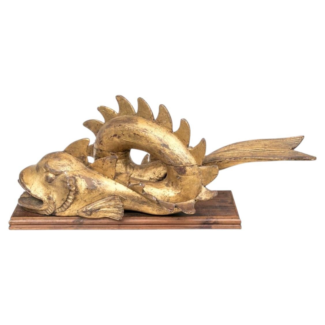 Monumental Antique Renaissance Style Carved Gilt Wood Dolphin Sculpture