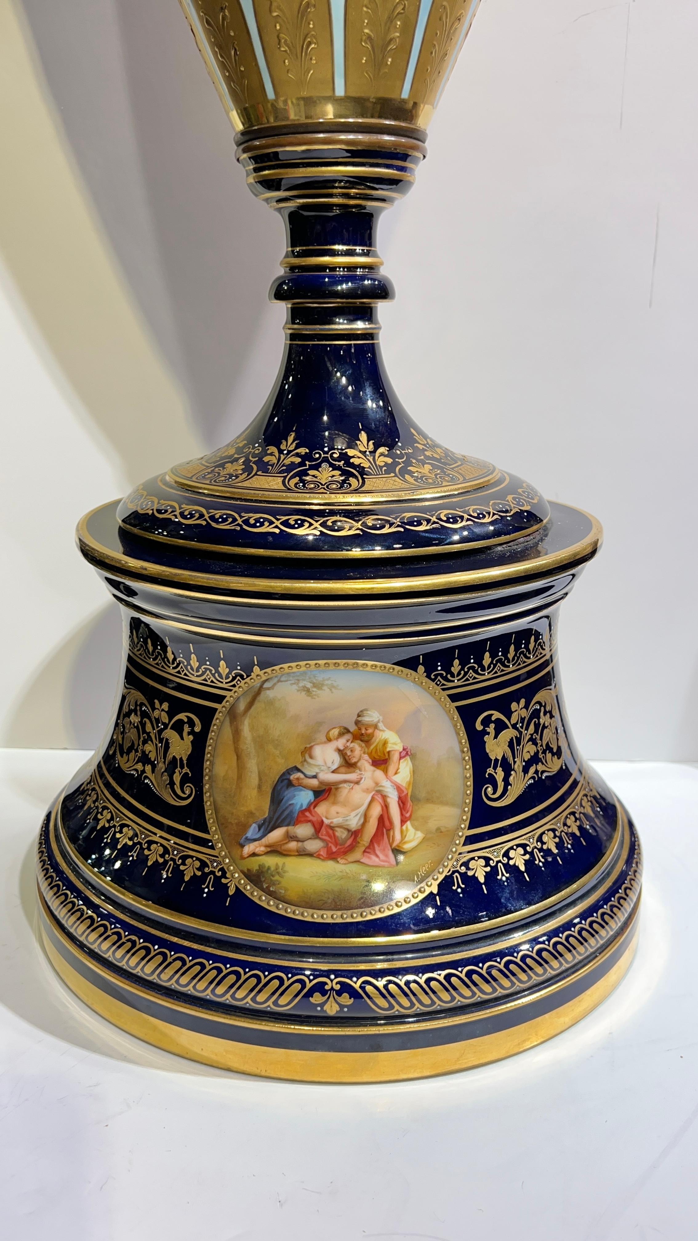 Monumental  Antique Royal Vienna Style Gilt and Glazed Porcelain Vase on Stand For Sale 4