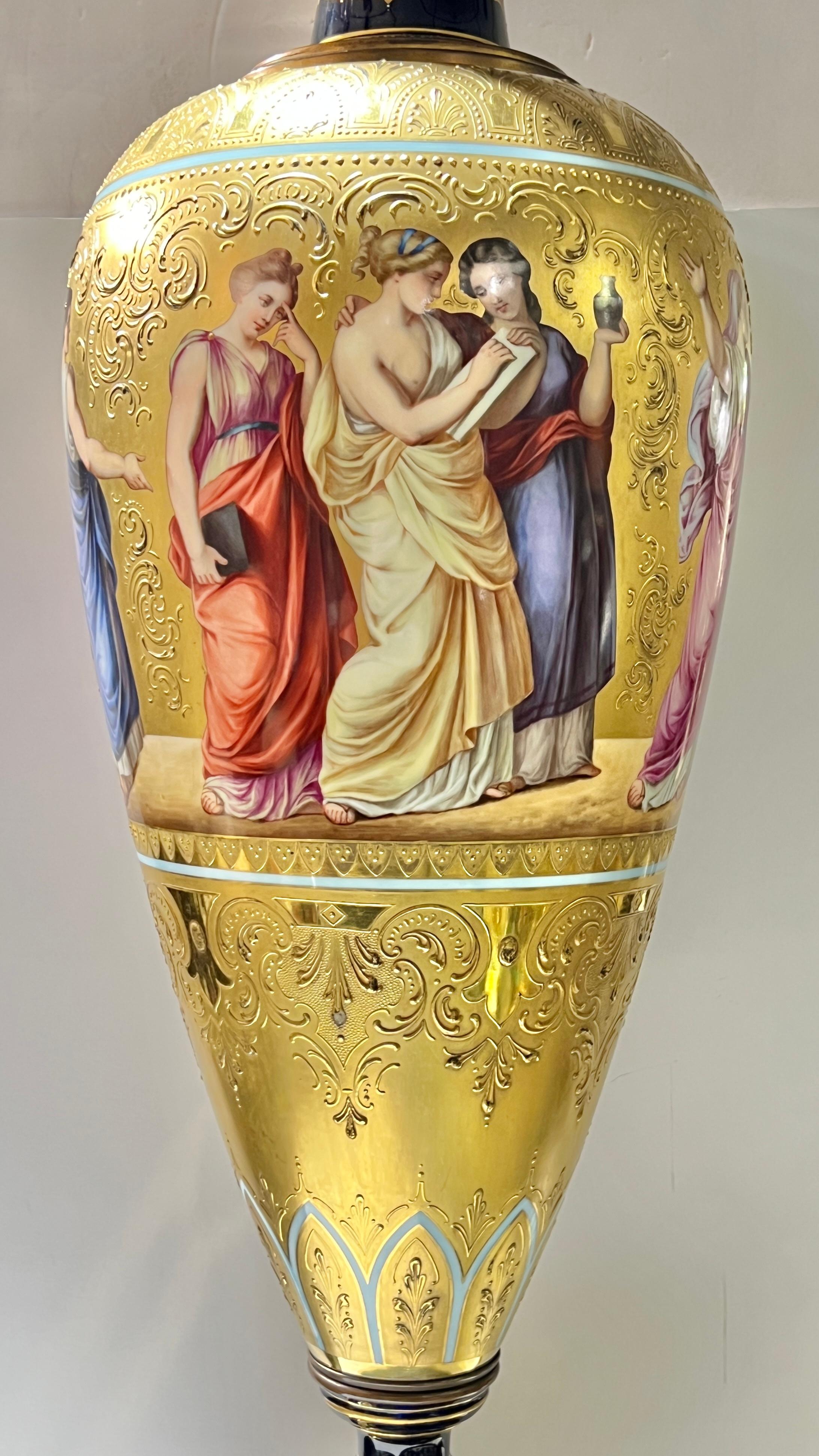 Monumental  Antique Royal Vienna Style Gilt and Glazed Porcelain Vase on Stand In Good Condition For Sale In New York, NY