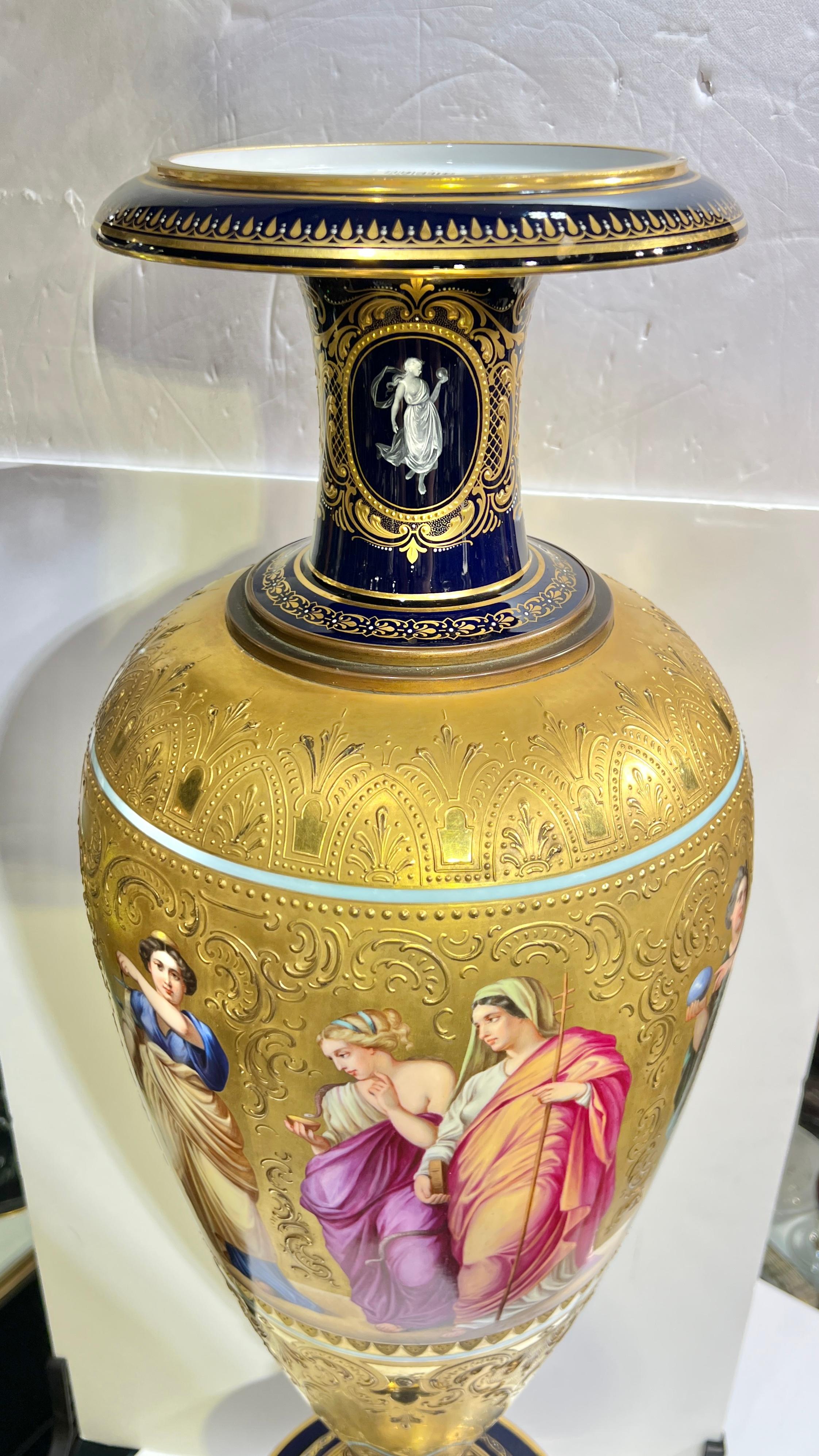 Monumental  Antique Royal Vienna Style Gilt and Glazed Porcelain Vase on Stand For Sale 2