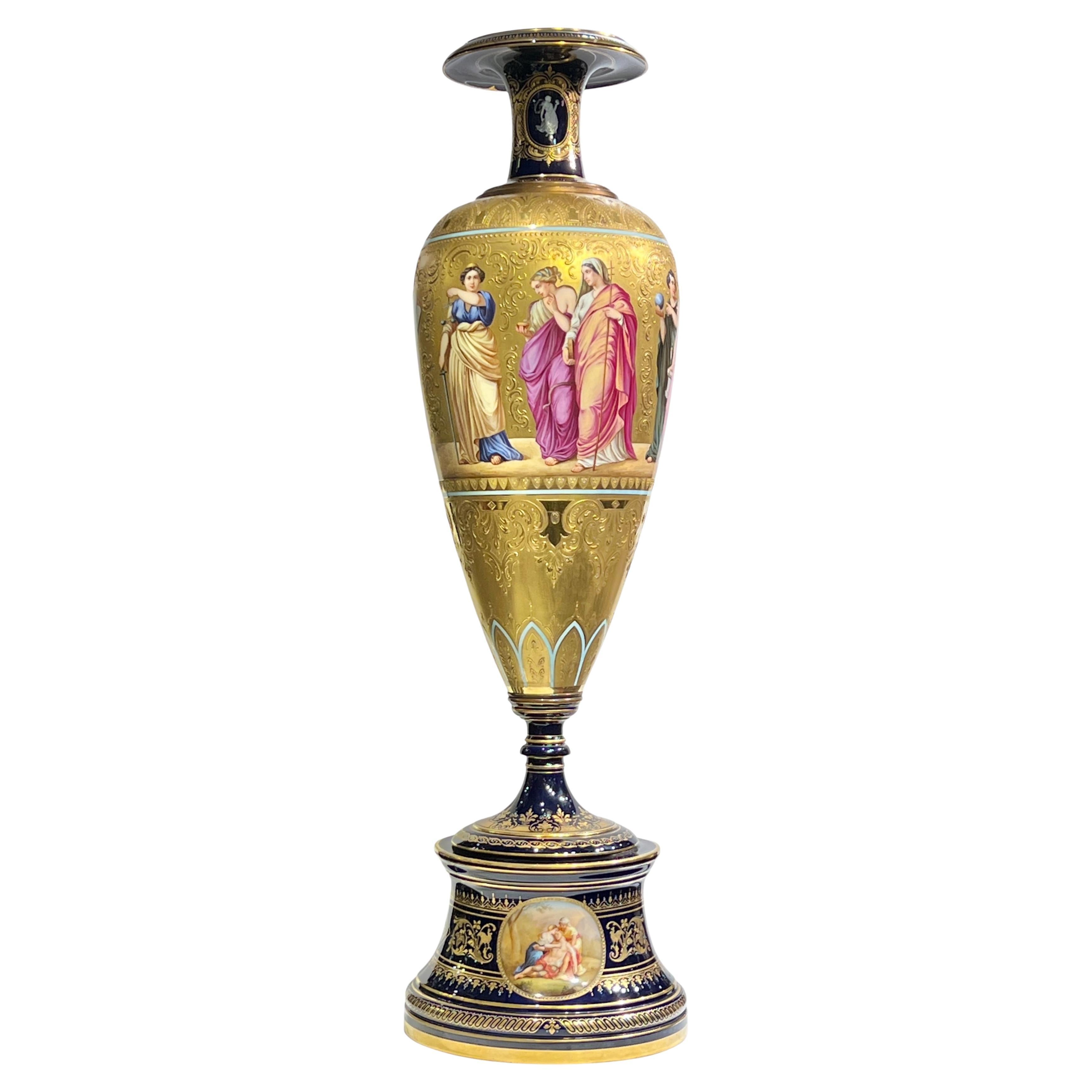 Monumental  Antique Royal Vienna Style Gilt and Glazed Porcelain Vase on Stand For Sale