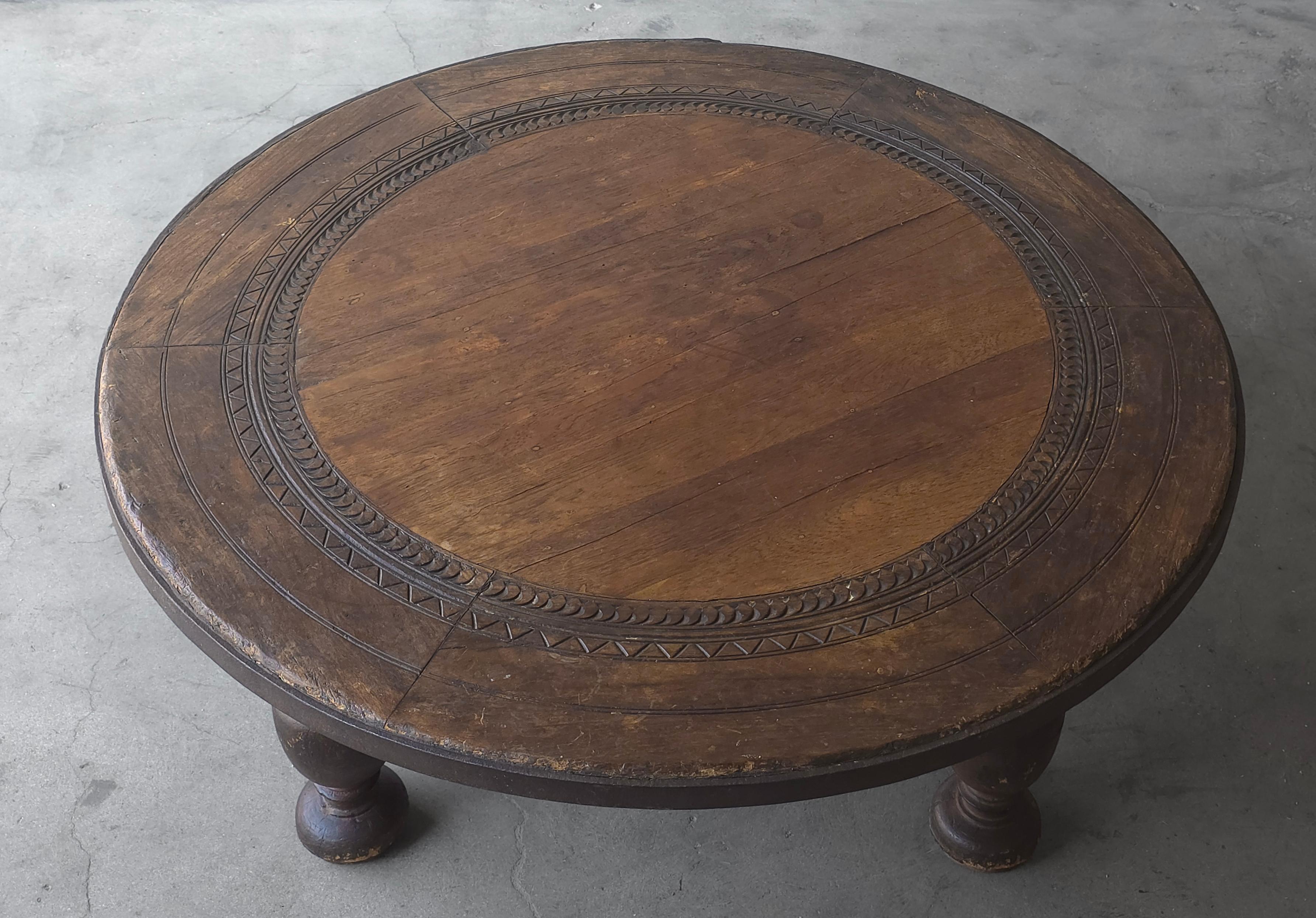 20th Century Monumental Antique Rustic Round Wood Coffee Table For Sale