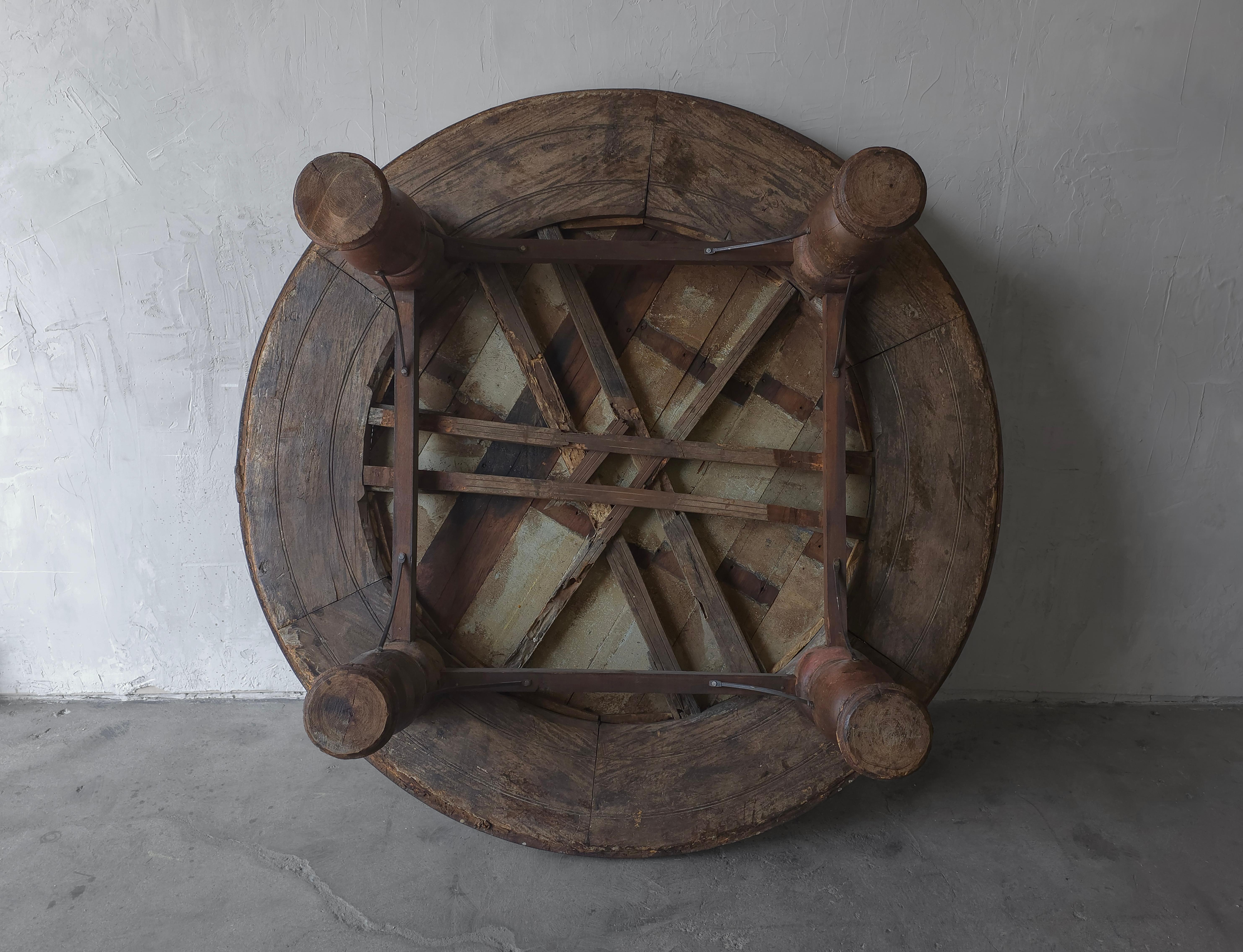 Monumental Antique Rustic Round Wood Coffee Table For Sale 2