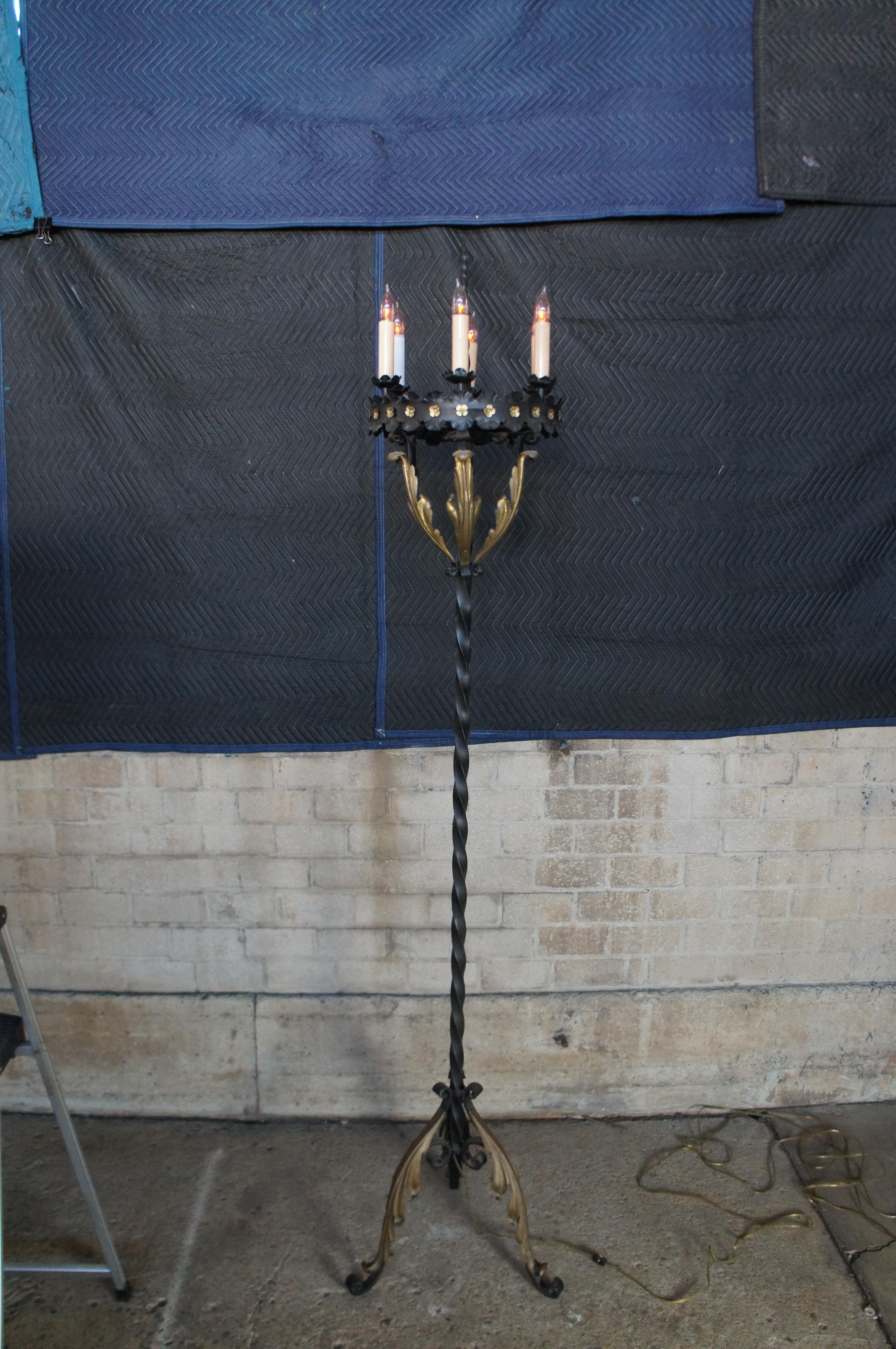 Monumental Antique Spanish Revival Gothic Twisted Iron Torchiere Floor Lamps 96
