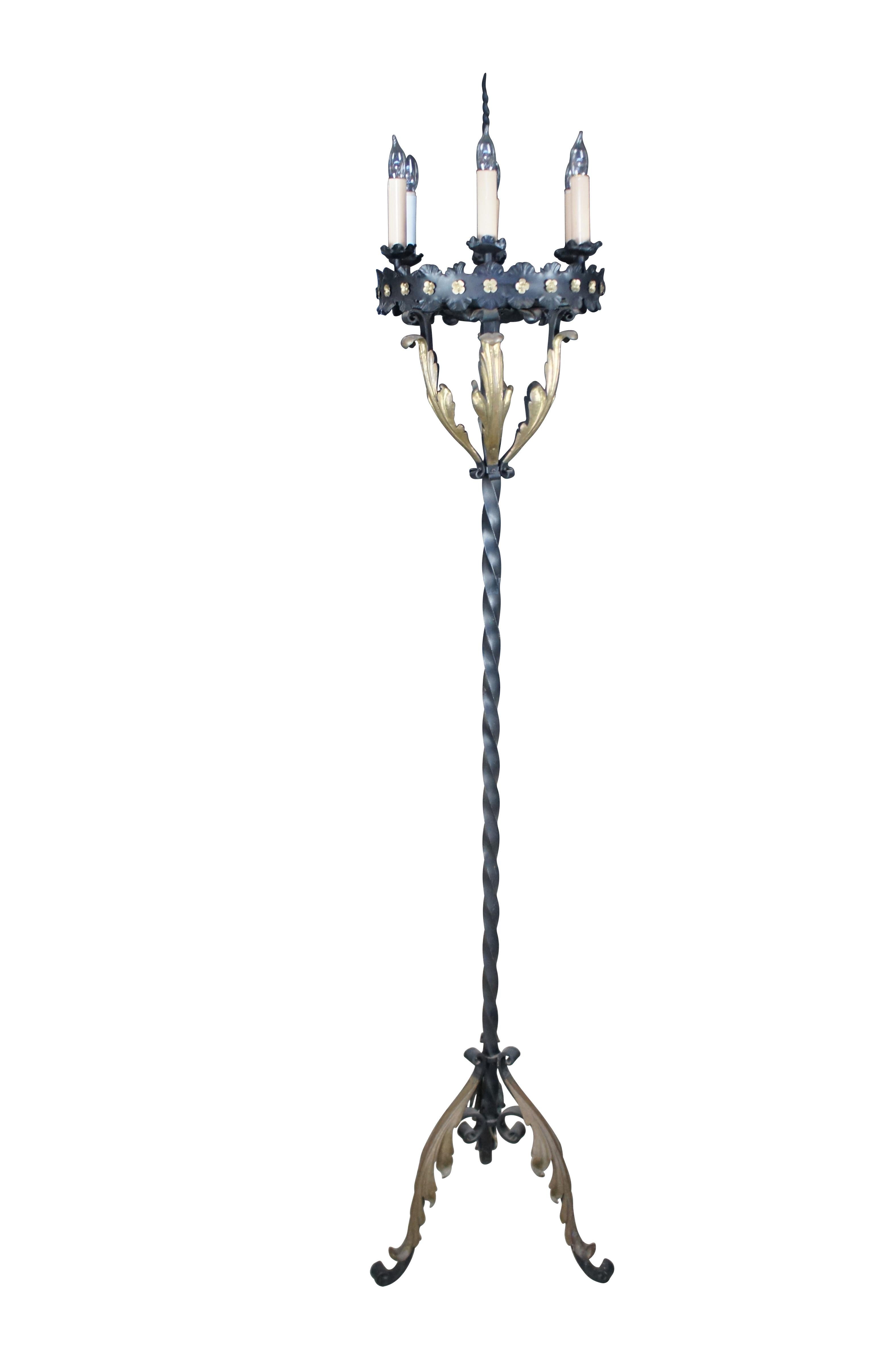 Spanish Colonial Monumental Antique Spanish Revival Gothic Twisted Iron Torchiere Floor Lamps 96