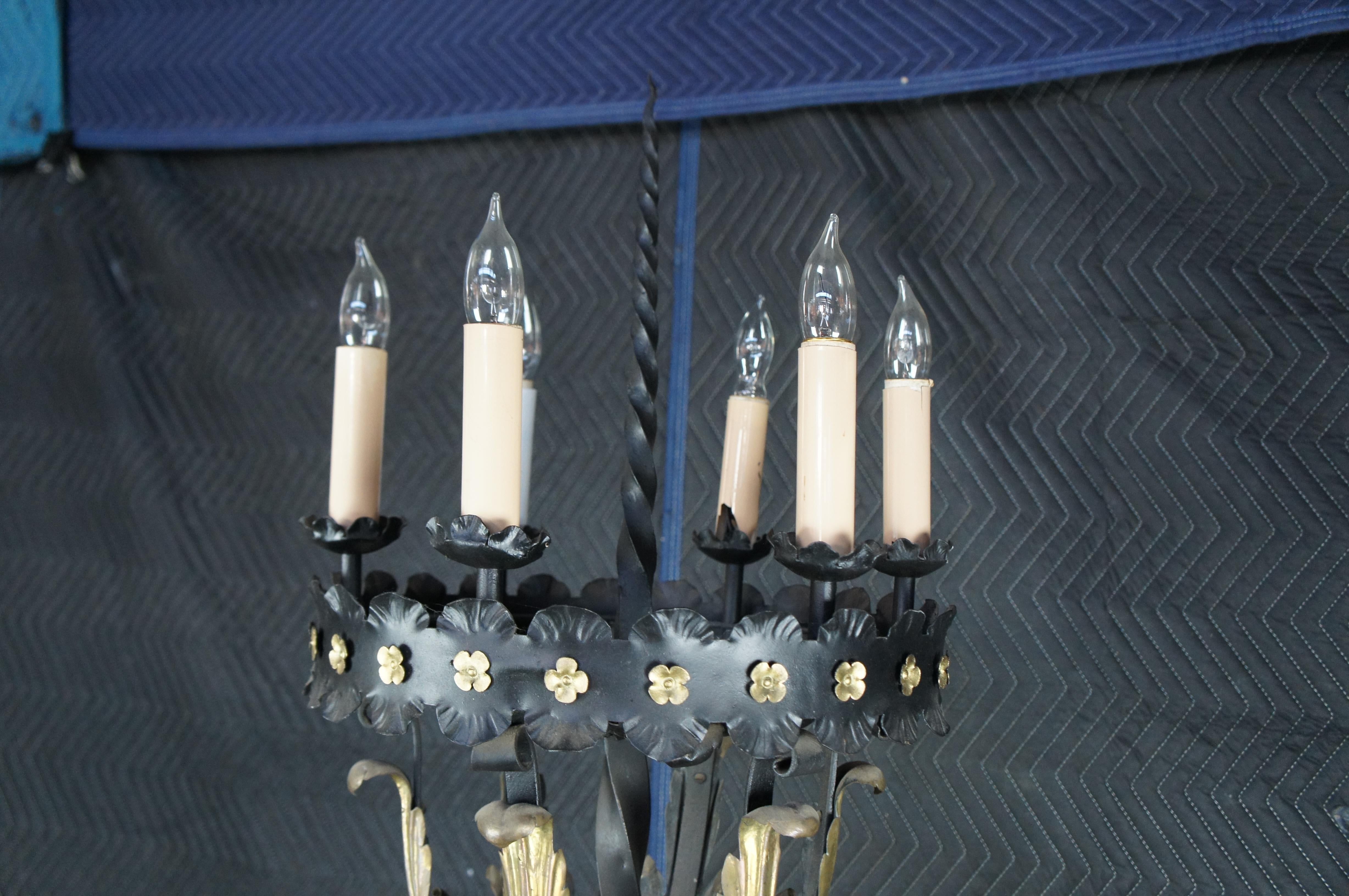 Monumental Antique Spanish Revival Gothic Twisted Iron Torchiere Floor Lamps 96