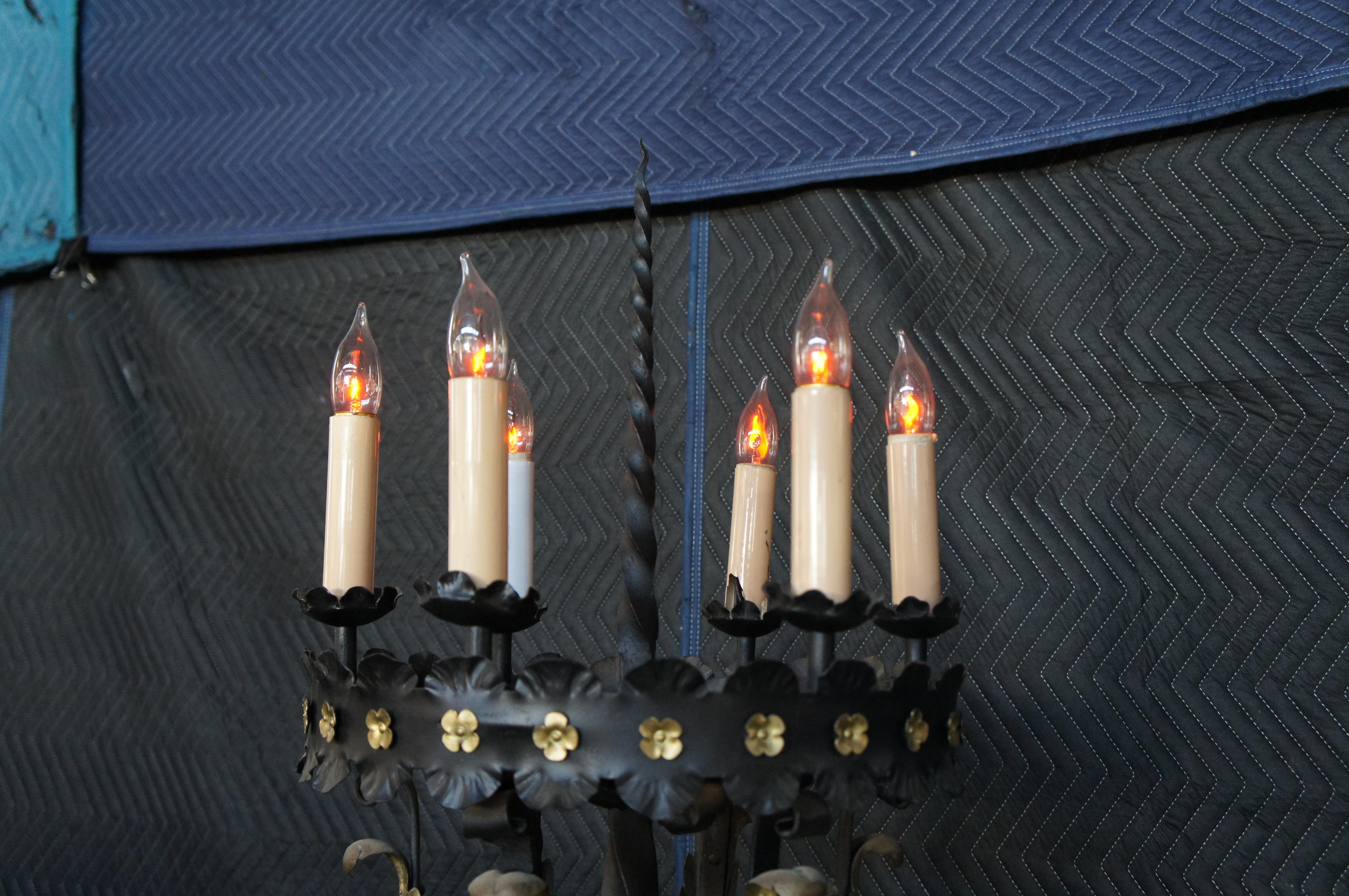 20th Century Monumental Antique Spanish Revival Gothic Twisted Iron Torchiere Floor Lamps 96