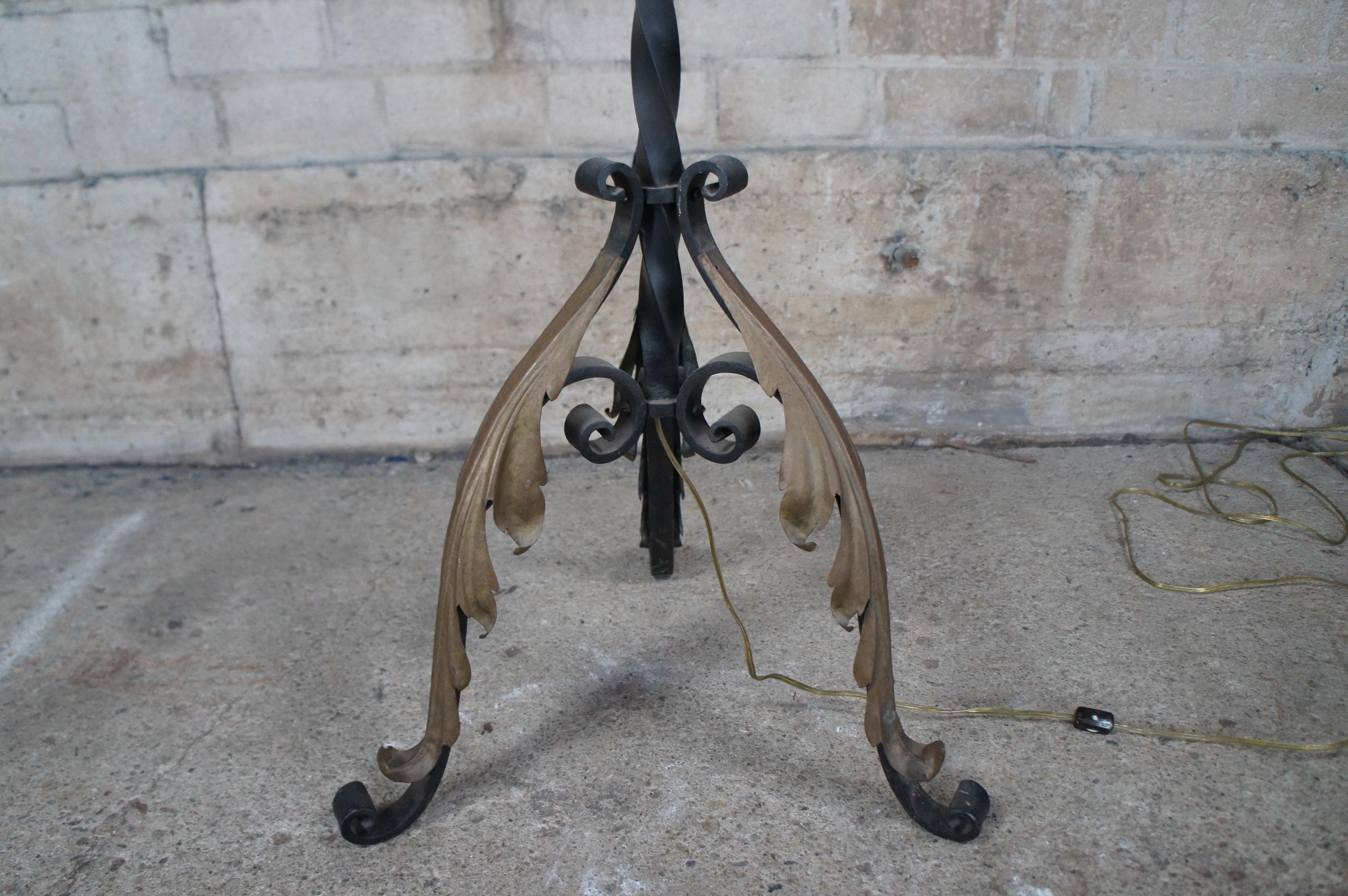 Monumental Antique Spanish Revival Gothic Twisted Iron Torchiere Floor Lamps 96