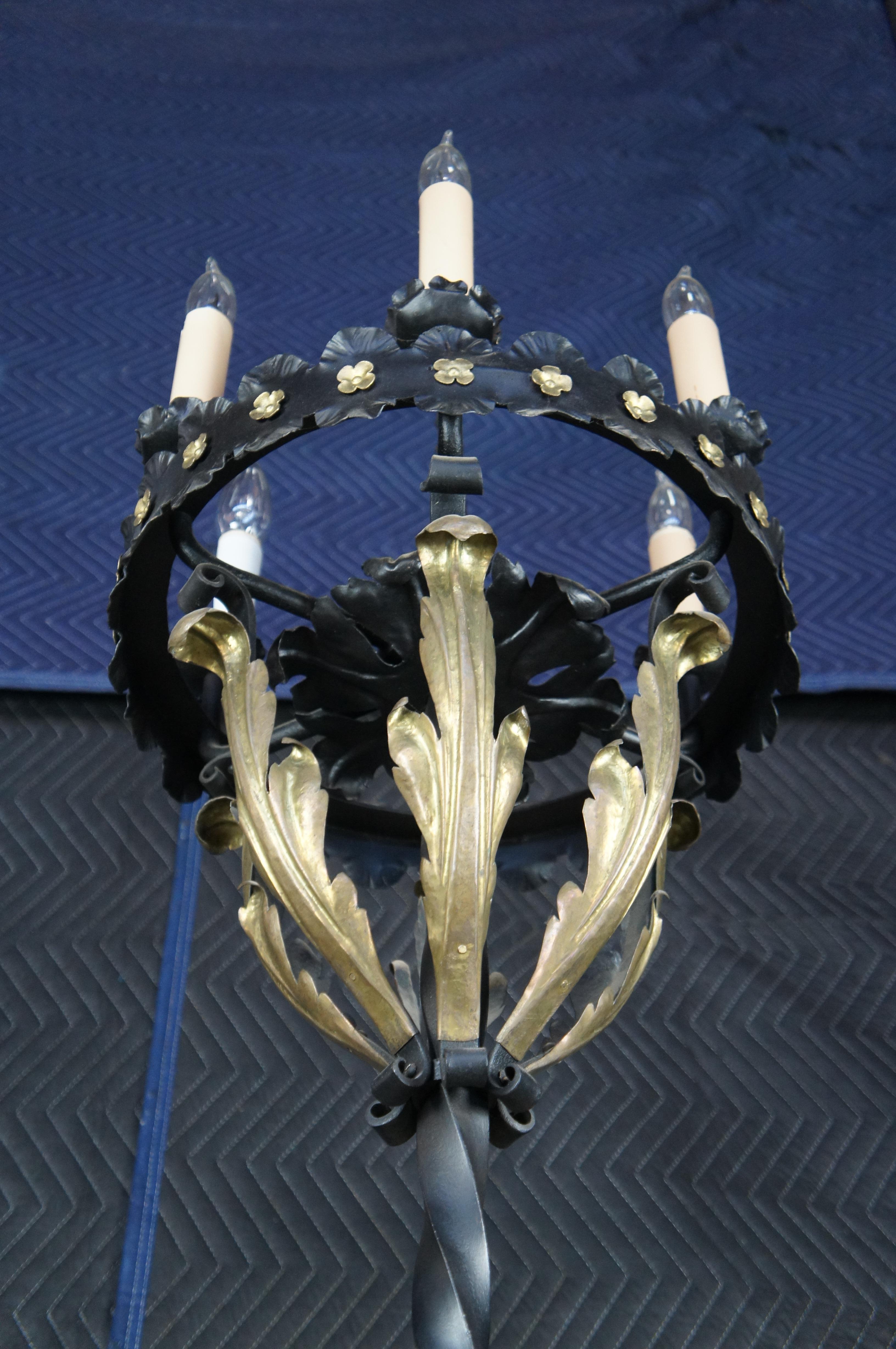 Monumental Antique Spanish Revival Gothic Twisted Iron Torchiere Floor Lamps 96