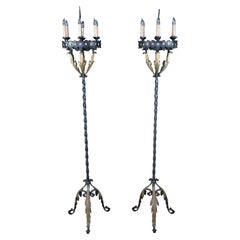 Monumental Antique Spanish Revival Gothic Twisted Iron Torchiere Floor Lamps 96"