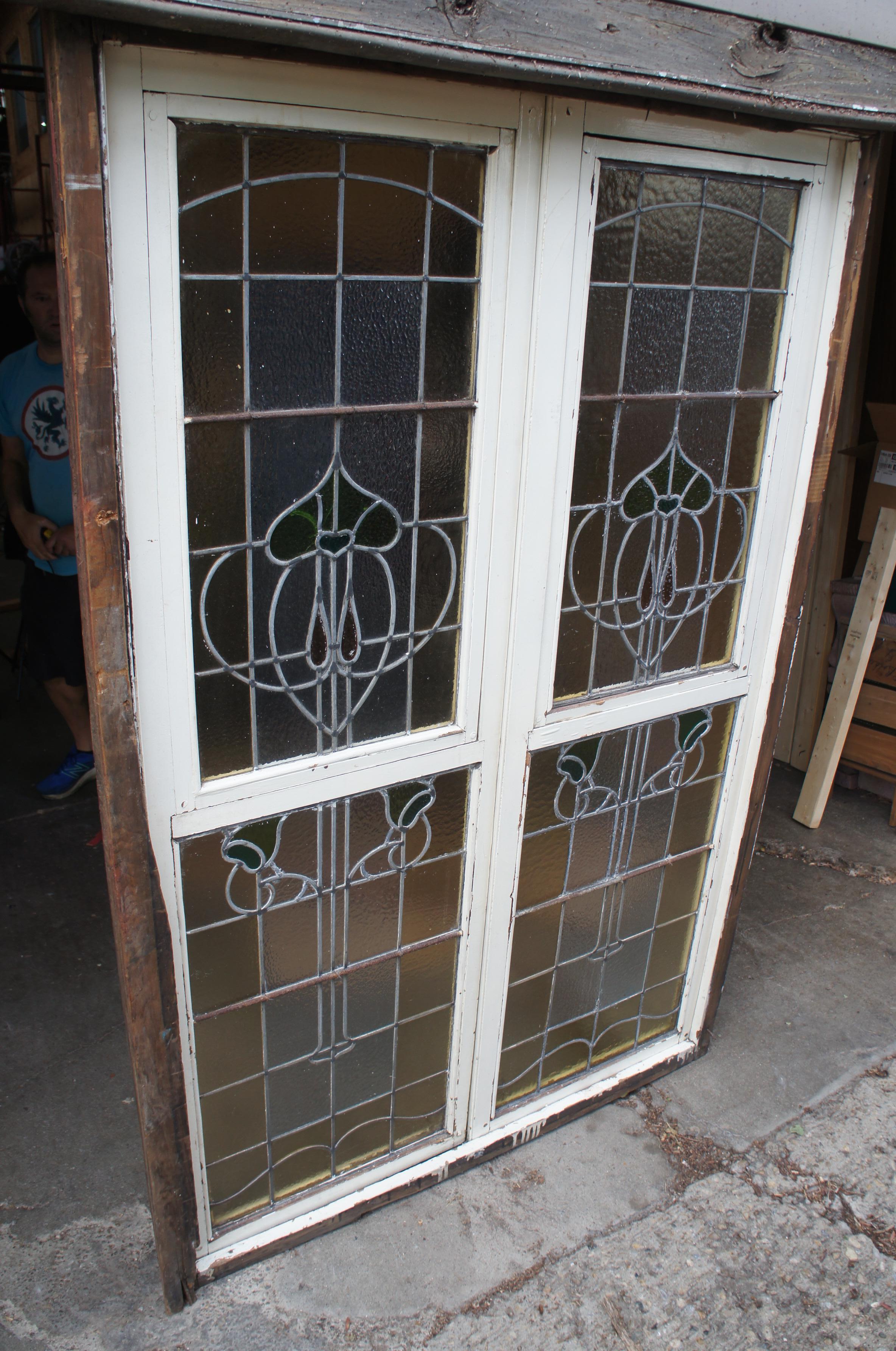 Monumental Antique Victorian Art Nouveau Leaded Stained Glass Window French Door en venta 7