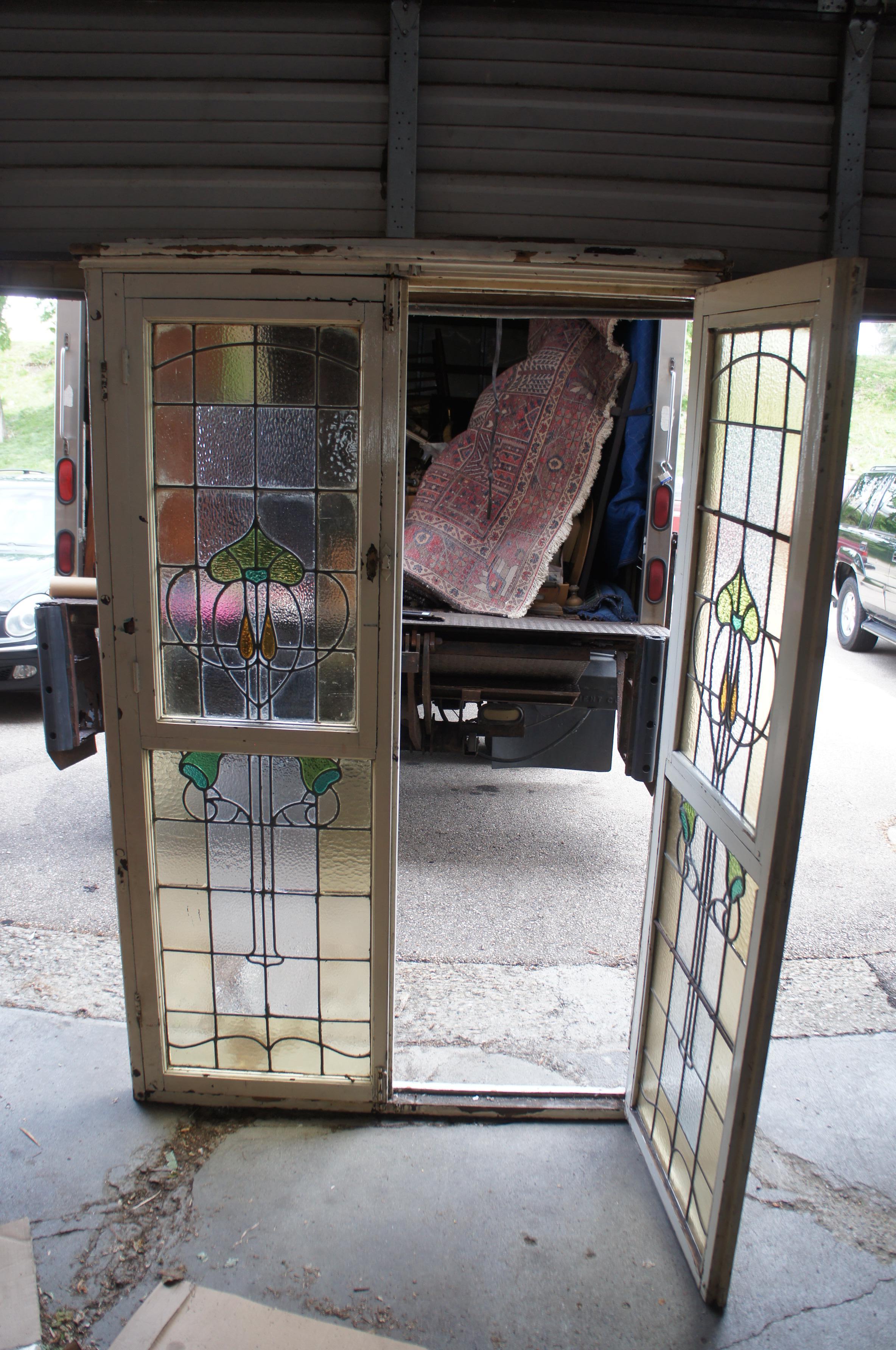 Monumental Antique Victorian Art Nouveau Leaded Stained Glass Window French Door en venta 9