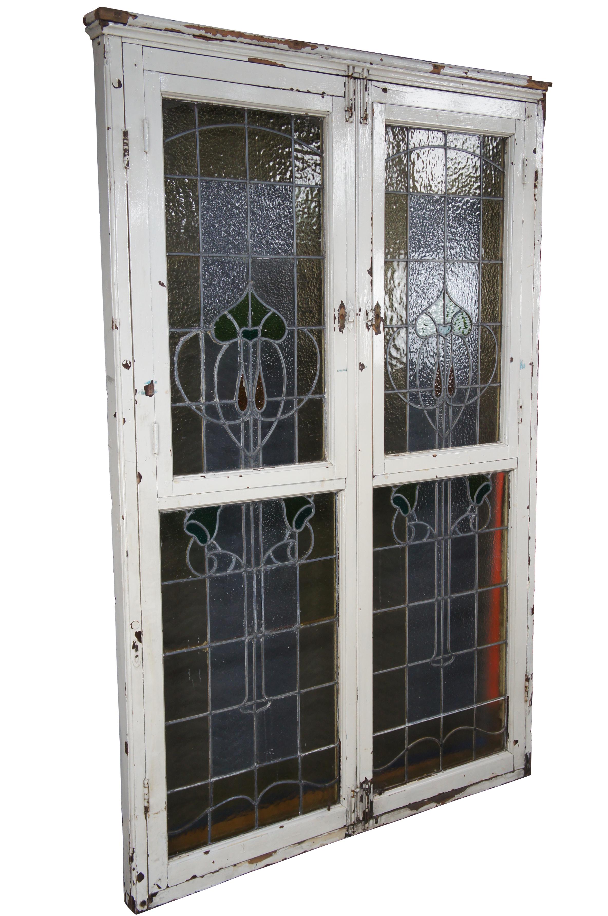 Monumental Antique Victorian Art Nouveau Leaded Stained Glass Window French Door en Bueno estado para la venta en Dayton, OH