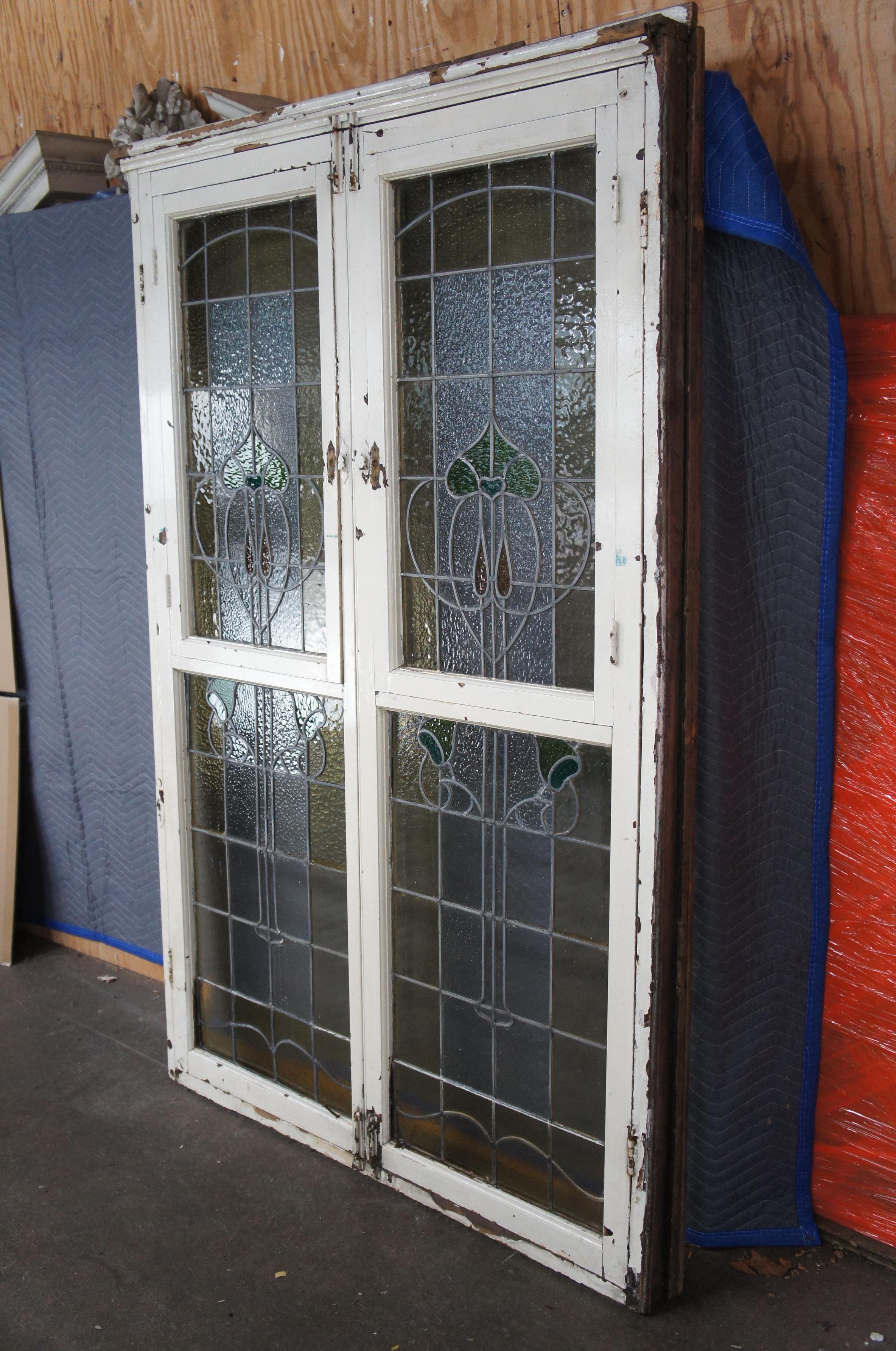 Monumental Antique Victorian Art Nouveau Leaded Stained Glass Window French Door siglo XIX en venta