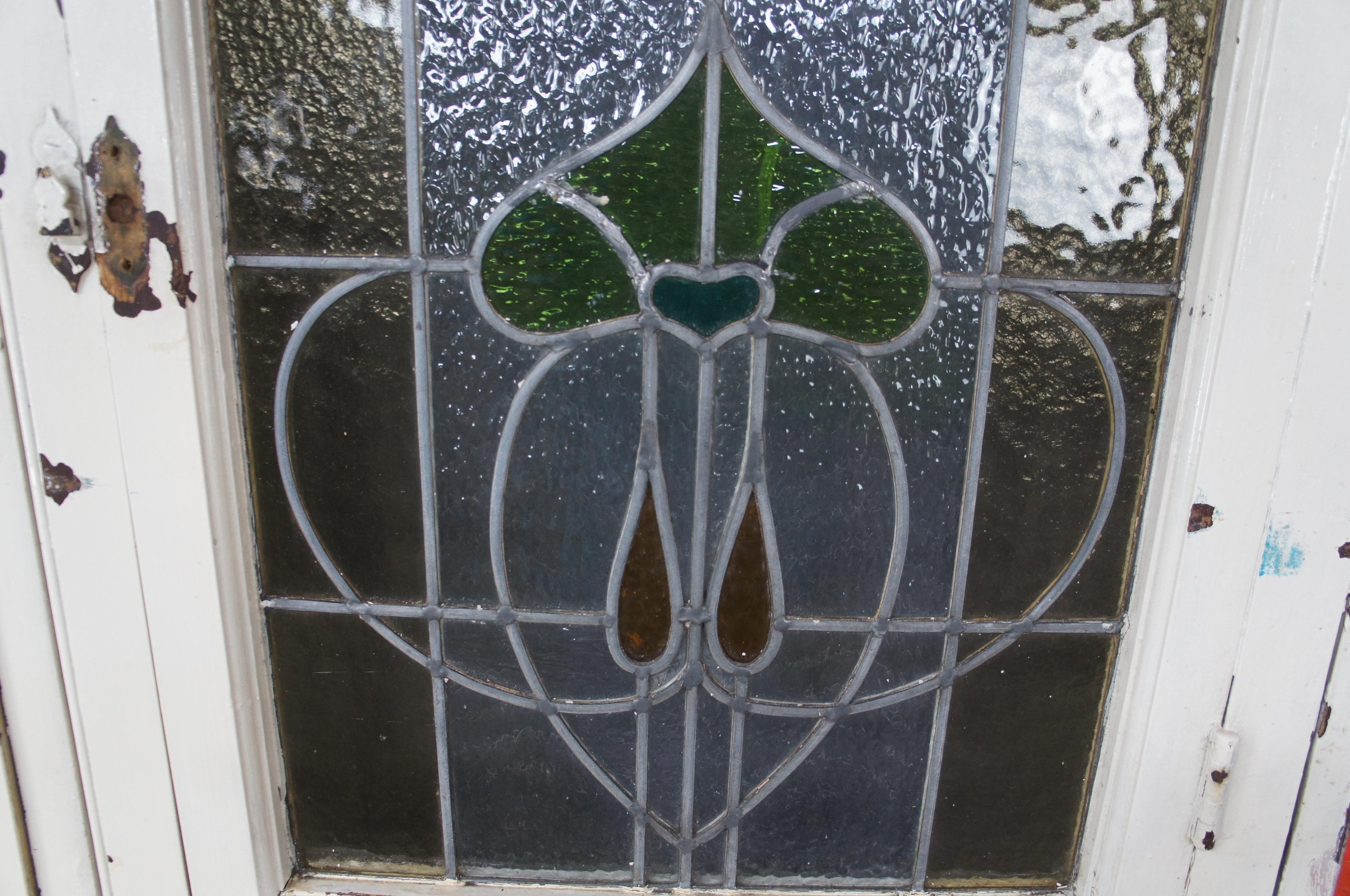 Monumental Antique Victorian Art Nouveau Leaded Stained Glass Window French Door Vitral en venta