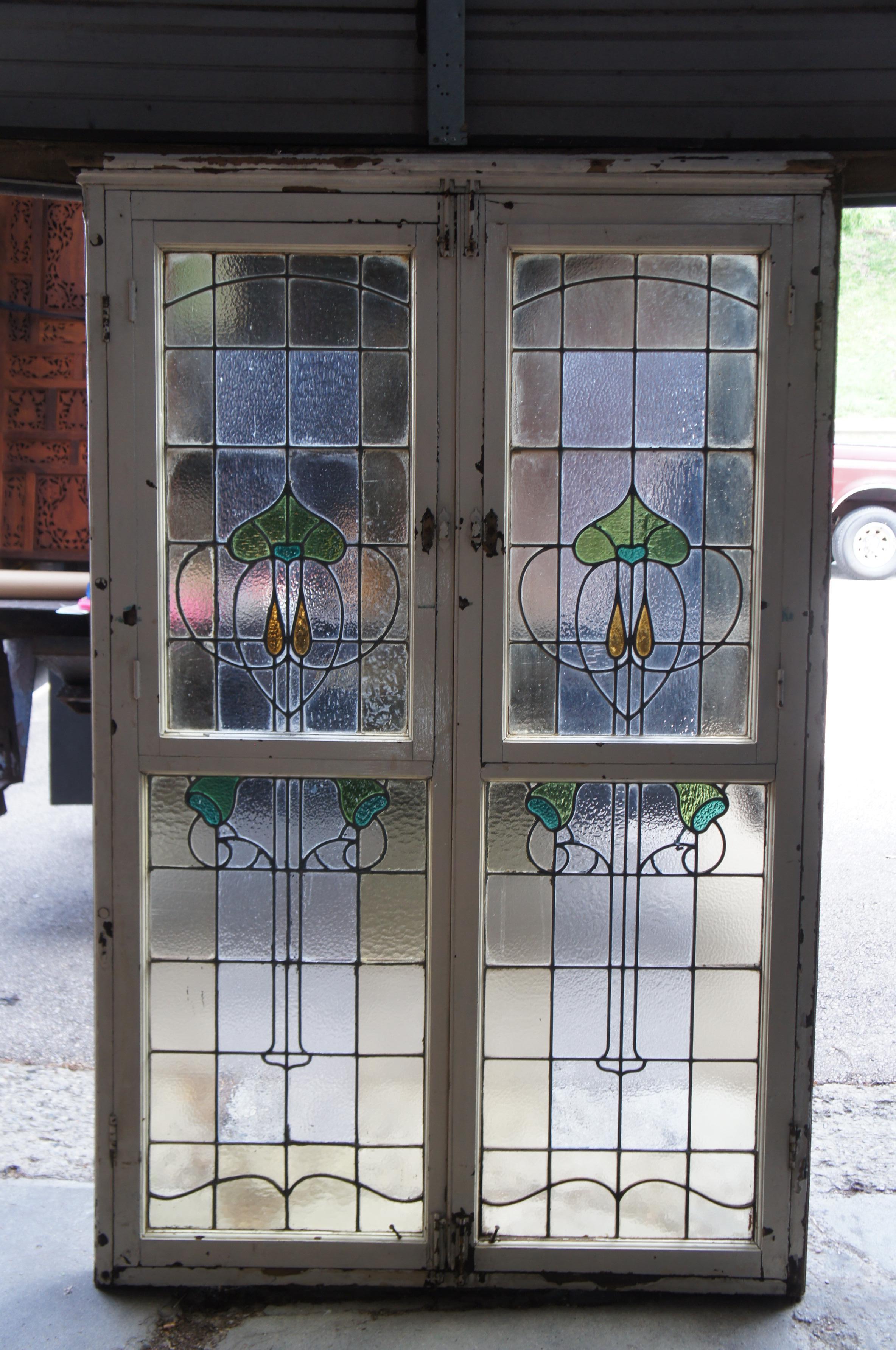 Monumental Antique Victorian Art Nouveau Leaded Stained Glass Window French Door en venta 1