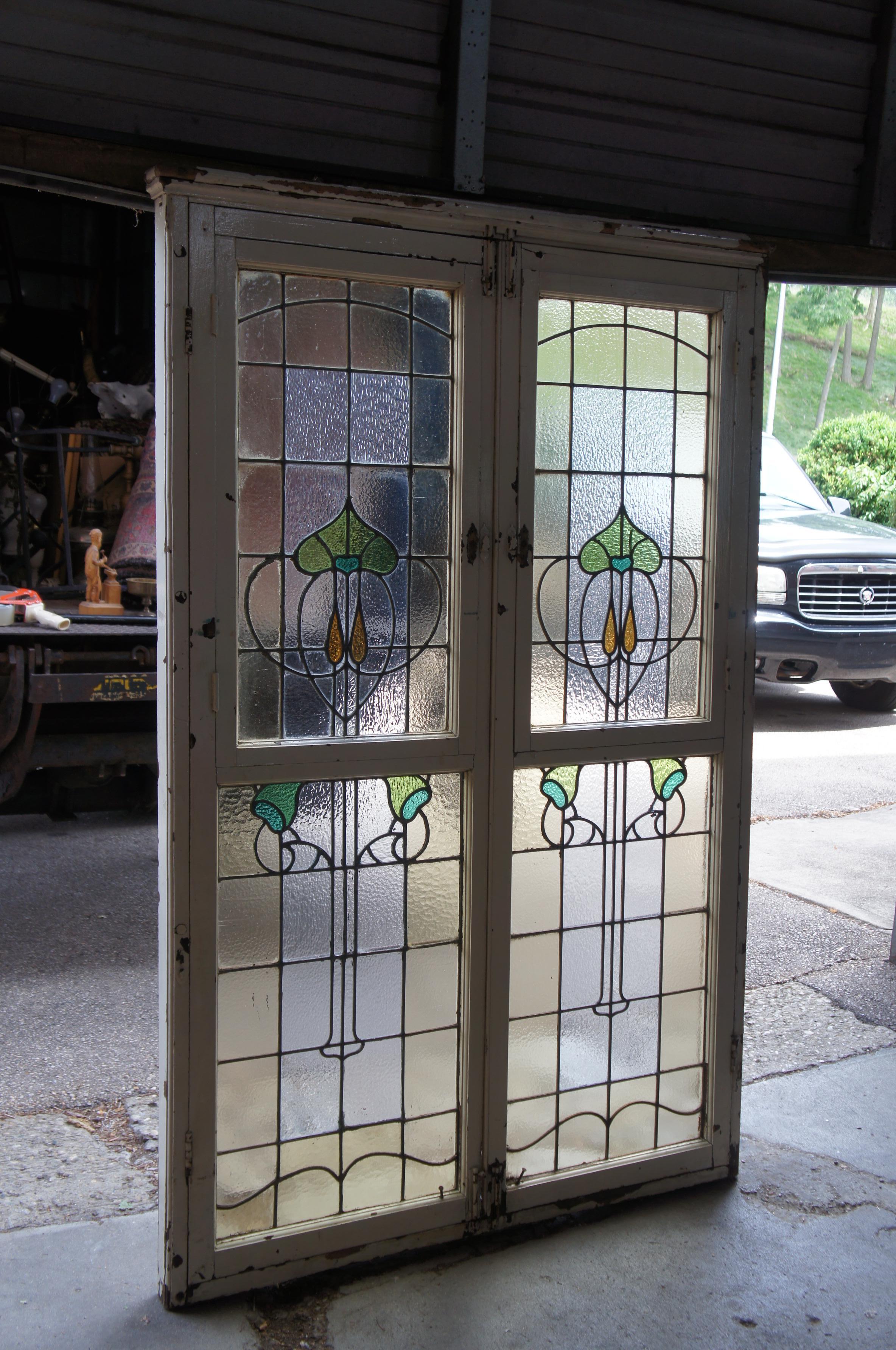 Monumental Antique Victorian Art Nouveau Leaded Stained Glass Window French Door en venta 2