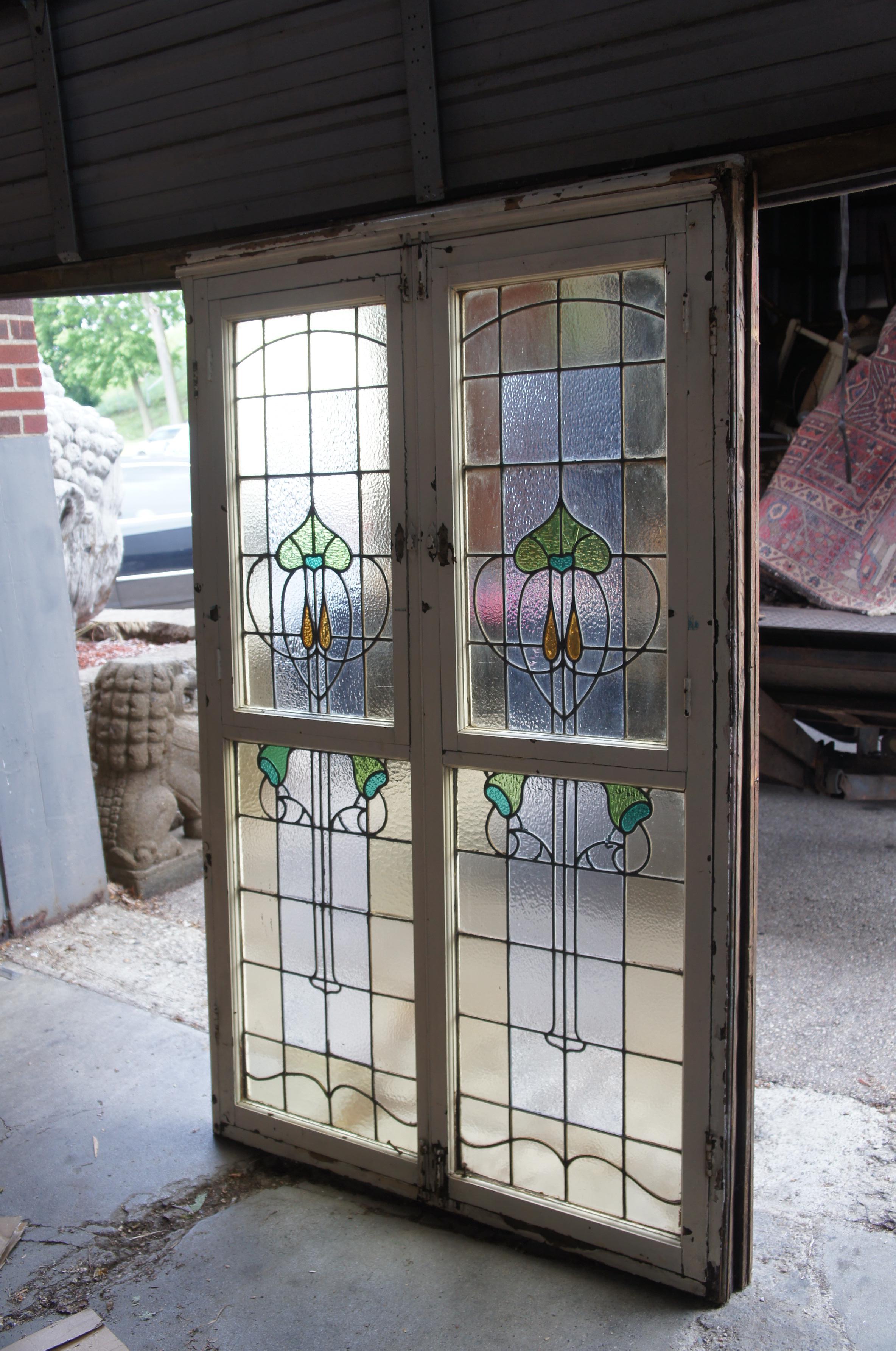 Monumental Antique Victorian Art Nouveau Leaded Stained Glass Window French Door en venta 3