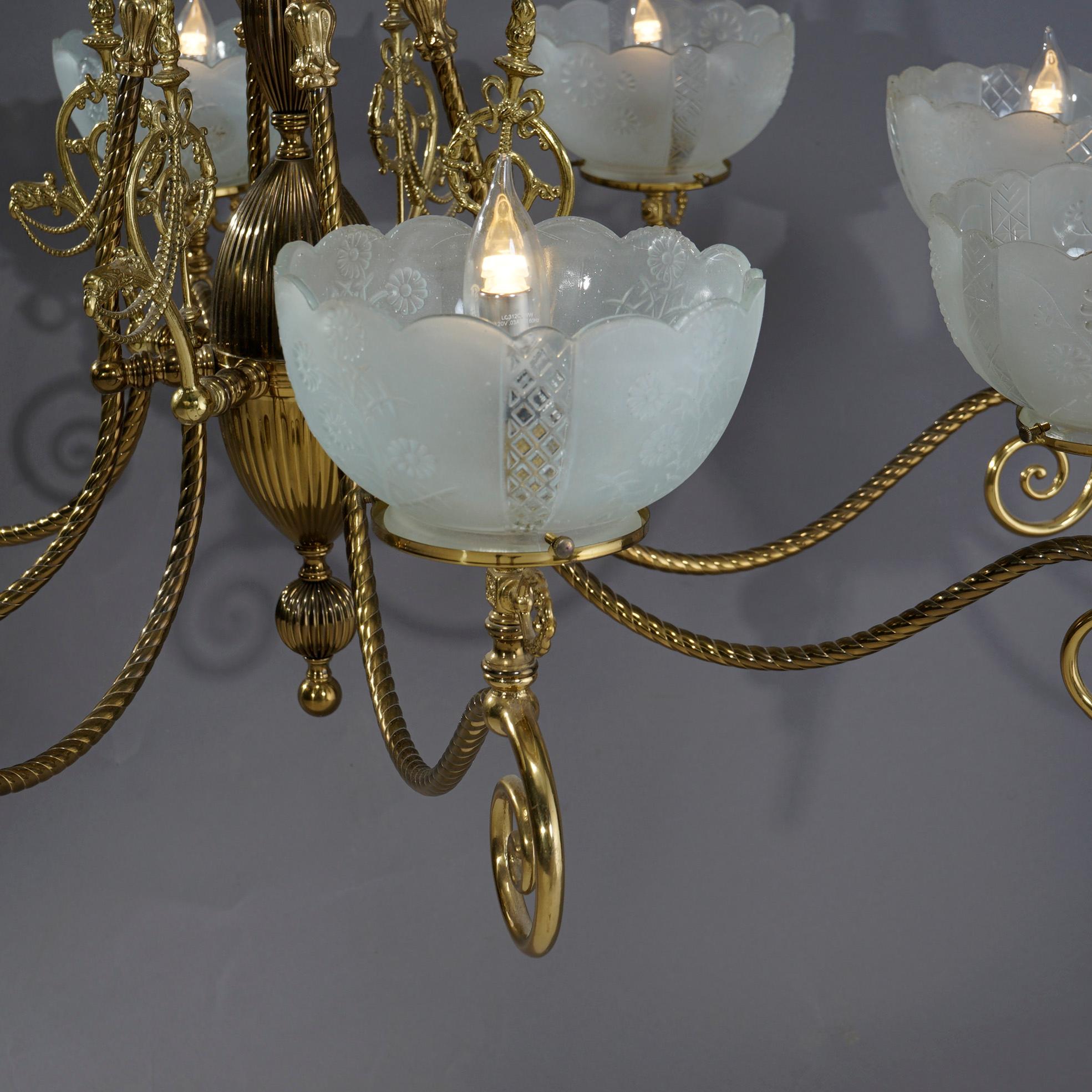 Monumental Antique Victorian Brass & Glass Electrified Gas Chandelier, c1890 2
