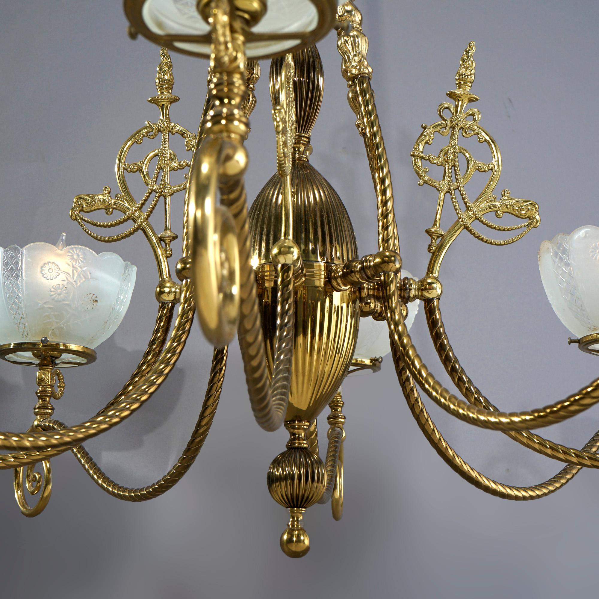 Monumental Antique Victorian Brass & Glass Electrified Gas Chandelier, c1890 3