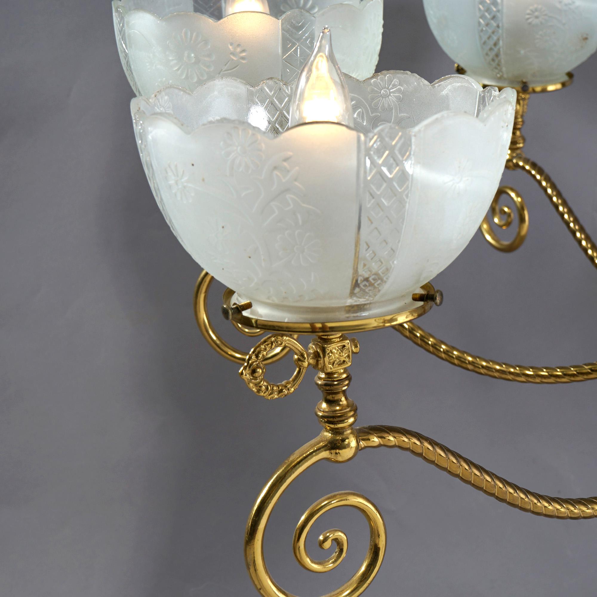 Monumental Antique Victorian Brass & Glass Electrified Gas Chandelier, c1890 4