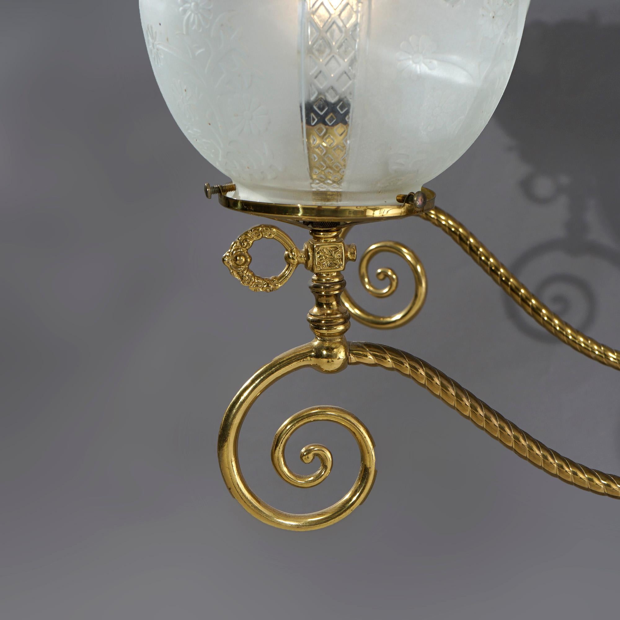 Monumental Antique Victorian Brass & Glass Electrified Gas Chandelier, c1890 5