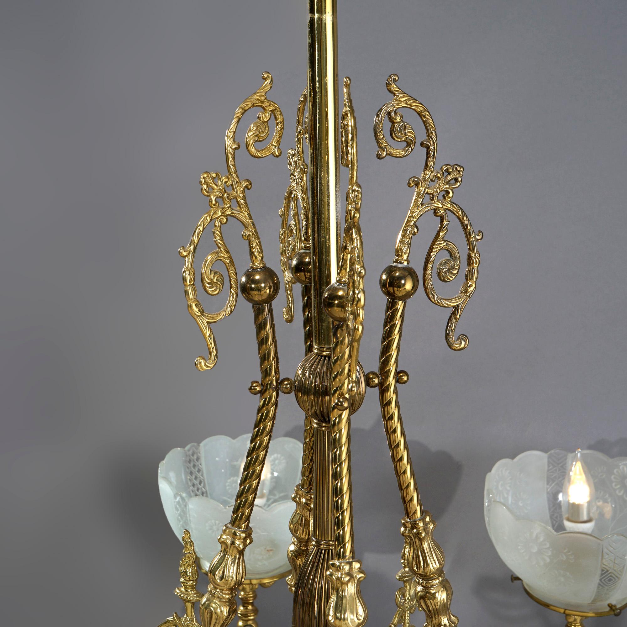 Monumental Antique Victorian Brass & Glass Electrified Gas Chandelier, c1890 6