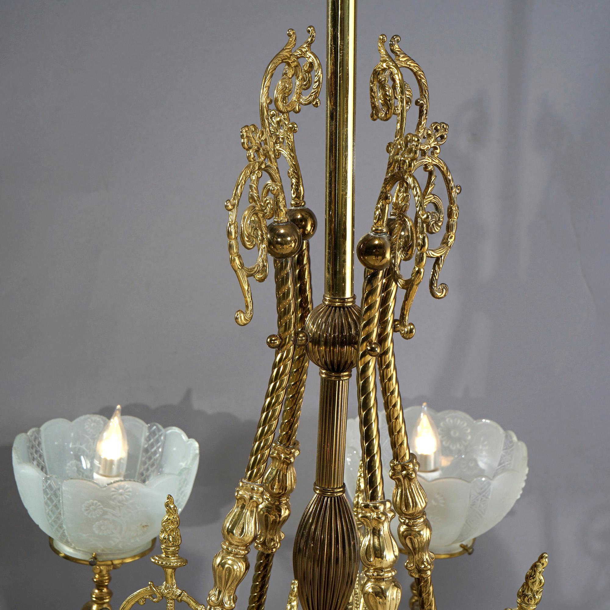 Monumental Antique Victorian Brass & Glass Electrified Gas Chandelier, c1890 7