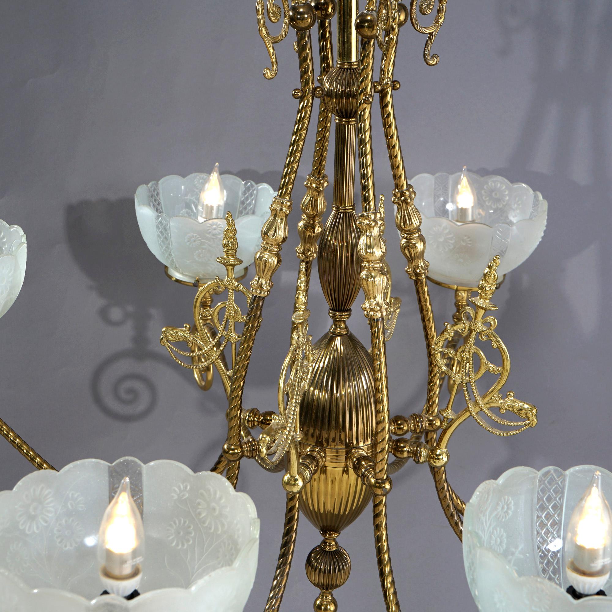 American Monumental Antique Victorian Brass & Glass Electrified Gas Chandelier, c1890