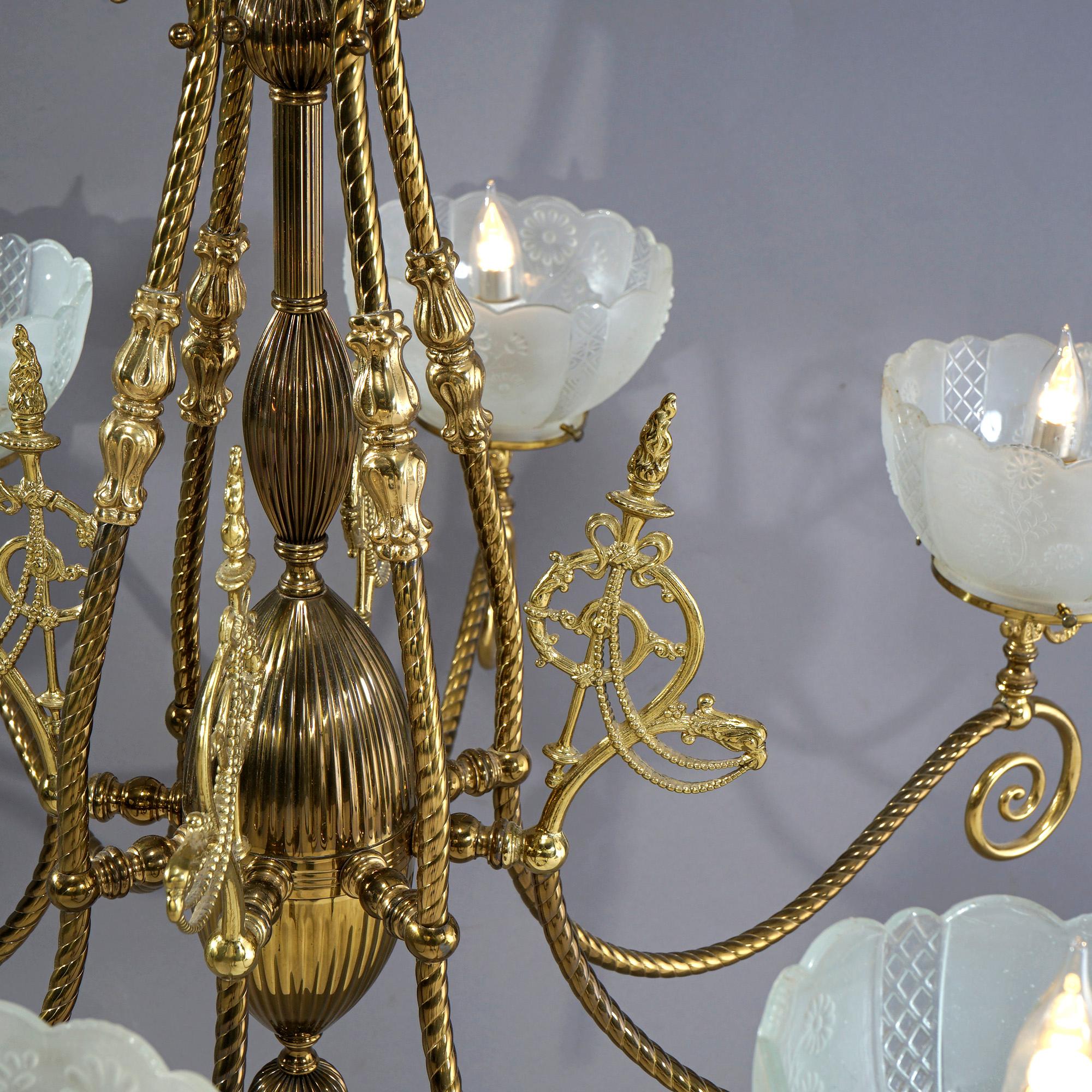 Monumental Antique Victorian Brass & Glass Electrified Gas Chandelier, c1890 In Good Condition In Big Flats, NY