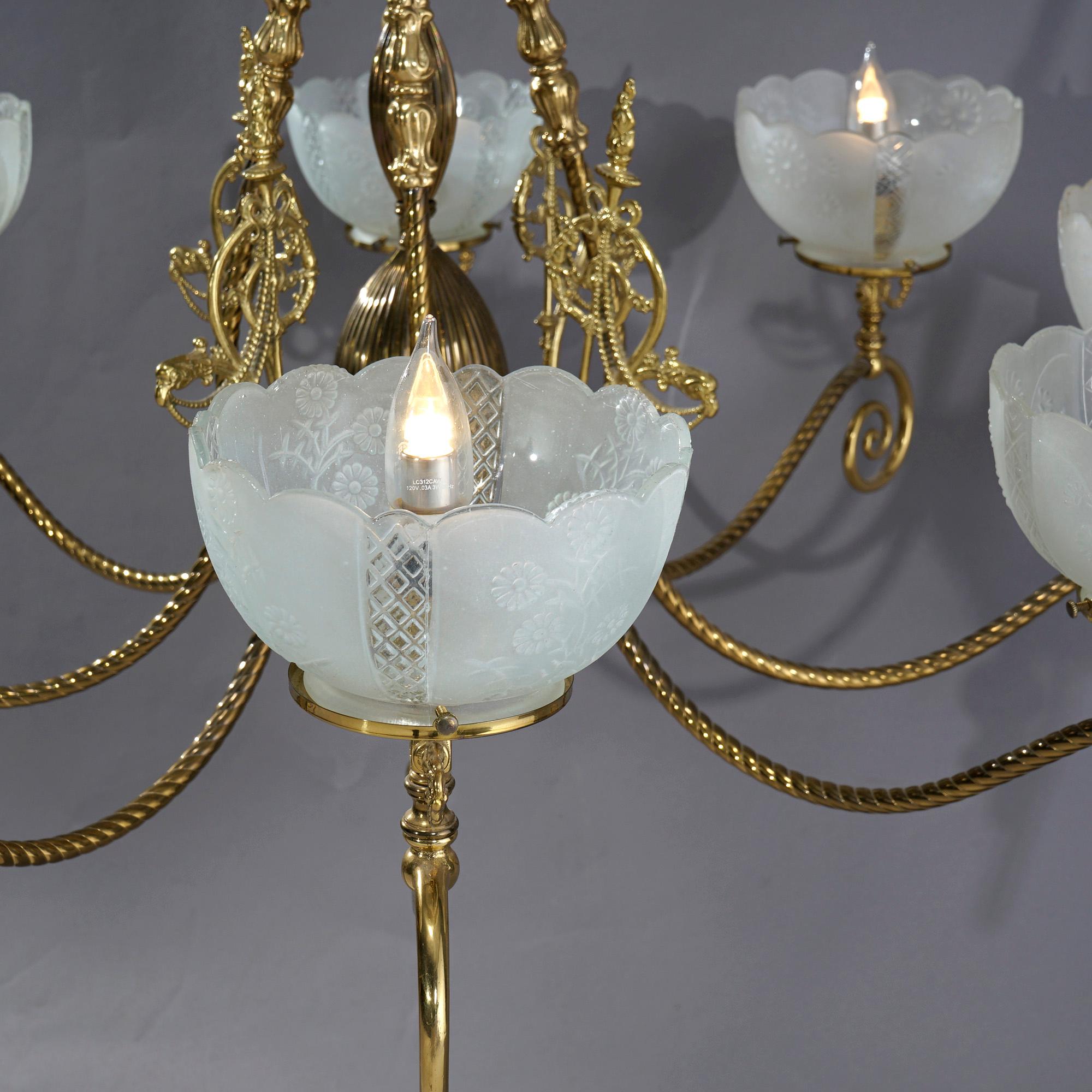 19th Century Monumental Antique Victorian Brass & Glass Electrified Gas Chandelier, c1890