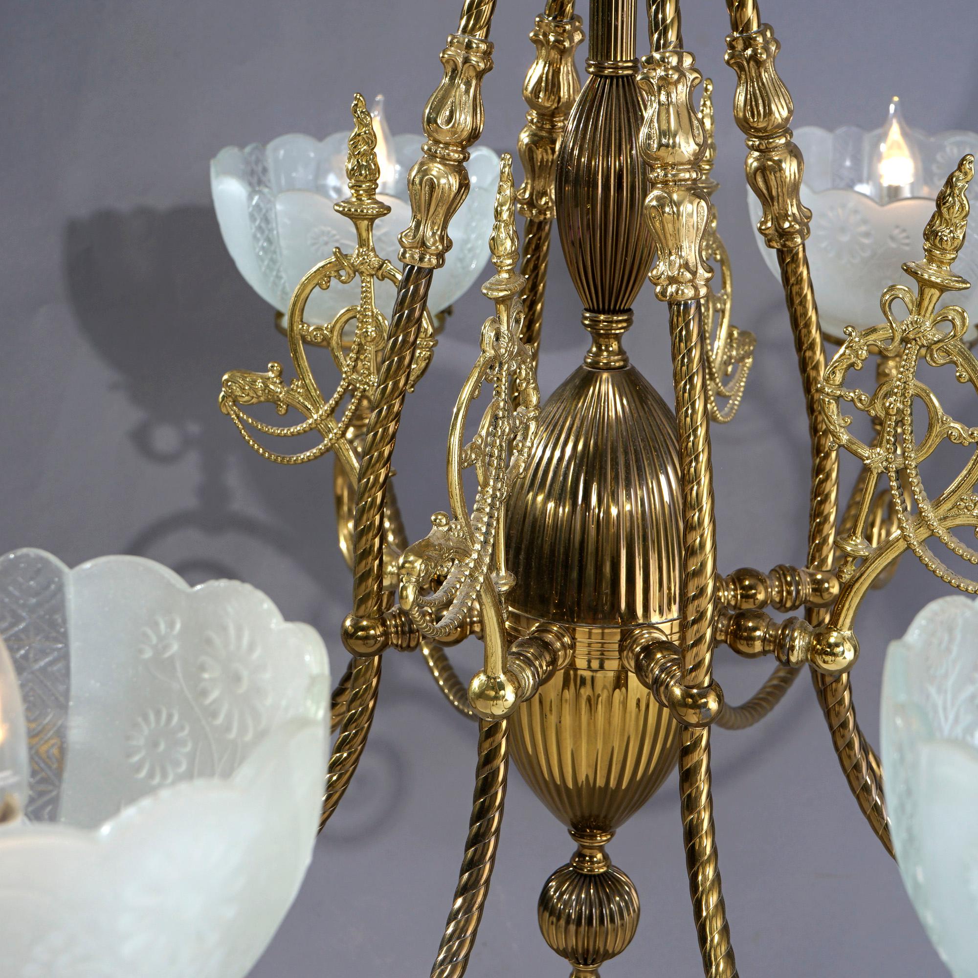 Monumental Antique Victorian Brass & Glass Electrified Gas Chandelier, c1890 1