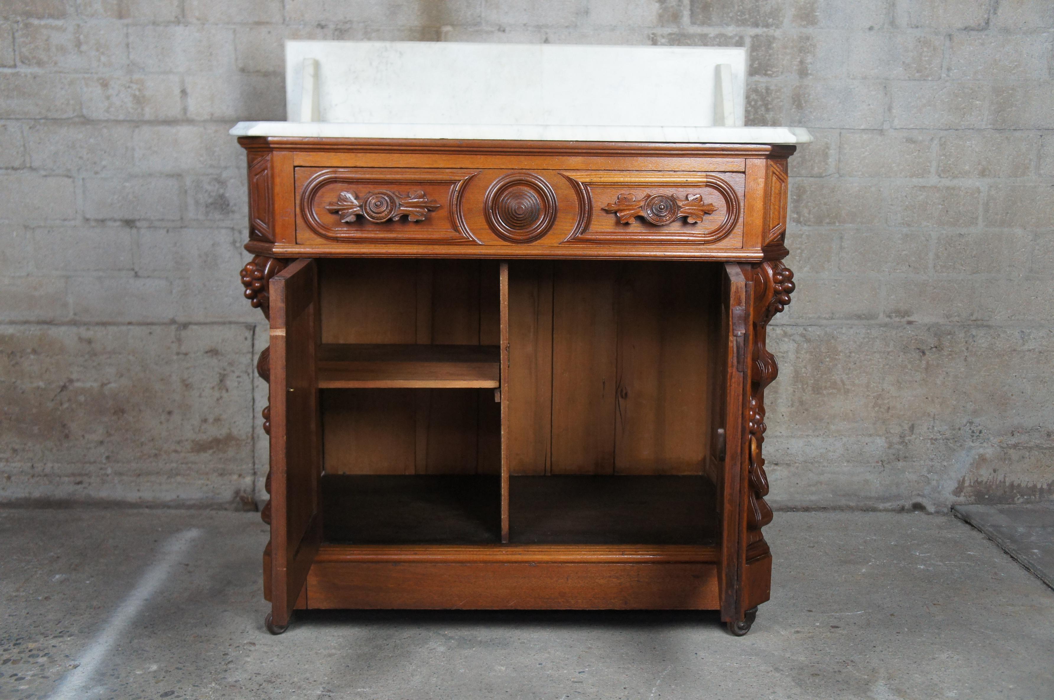 Monumental Antique Victorian Eastlake Carved Walnut Marble Washstand Nightstand 1