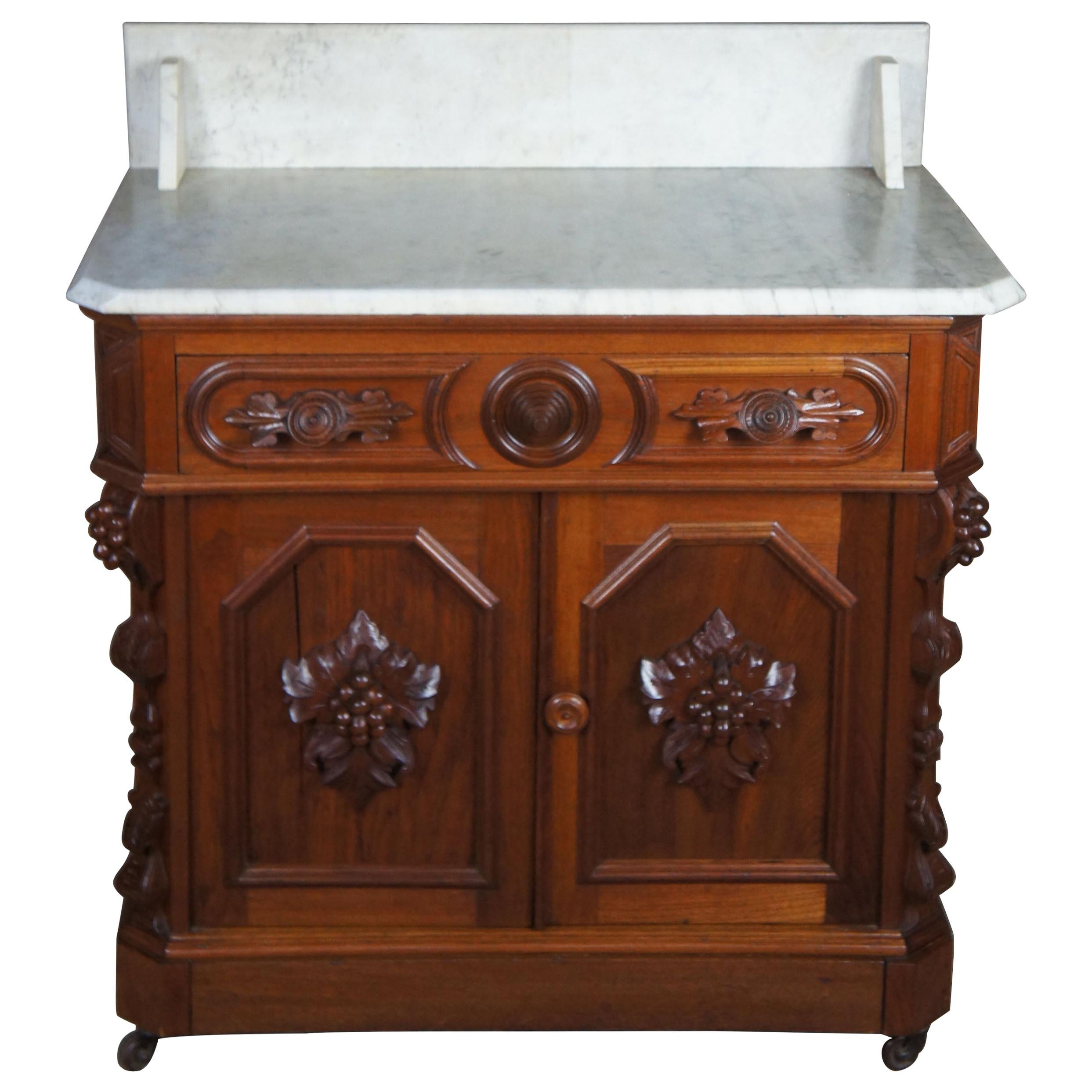 Monumental Antique Victorian Eastlake Carved Walnut Marble Washstand Nightstand