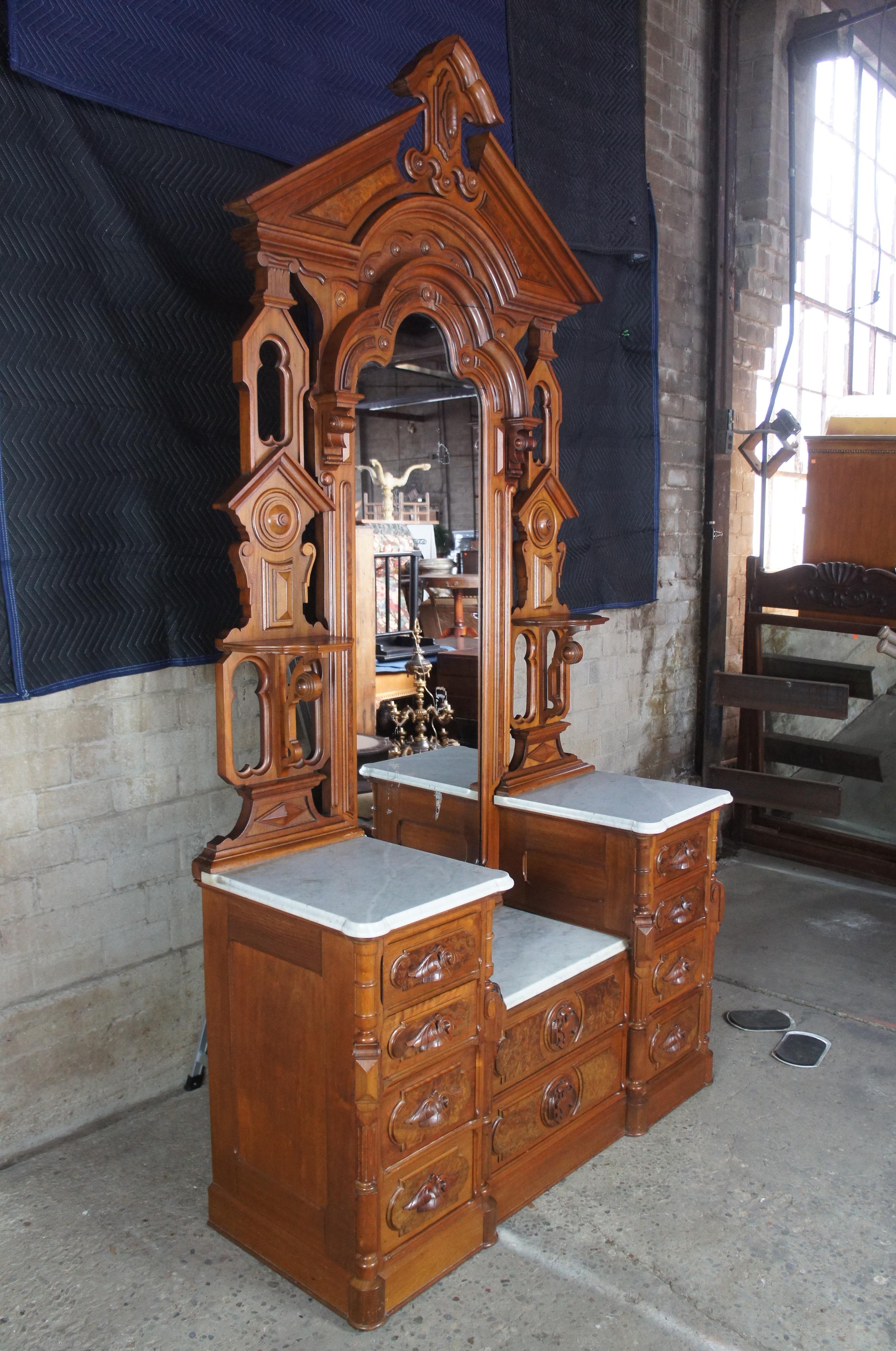 Hand-Crafted Monumental Antique Victorian Eastlake Walnut Bedroom Set Dresser Washstand Bed