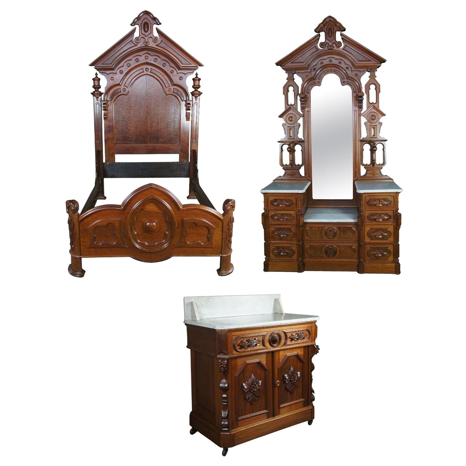 Monumental Antique Victorian Eastlake Walnut Bedroom Set Dresser Washstand Bed